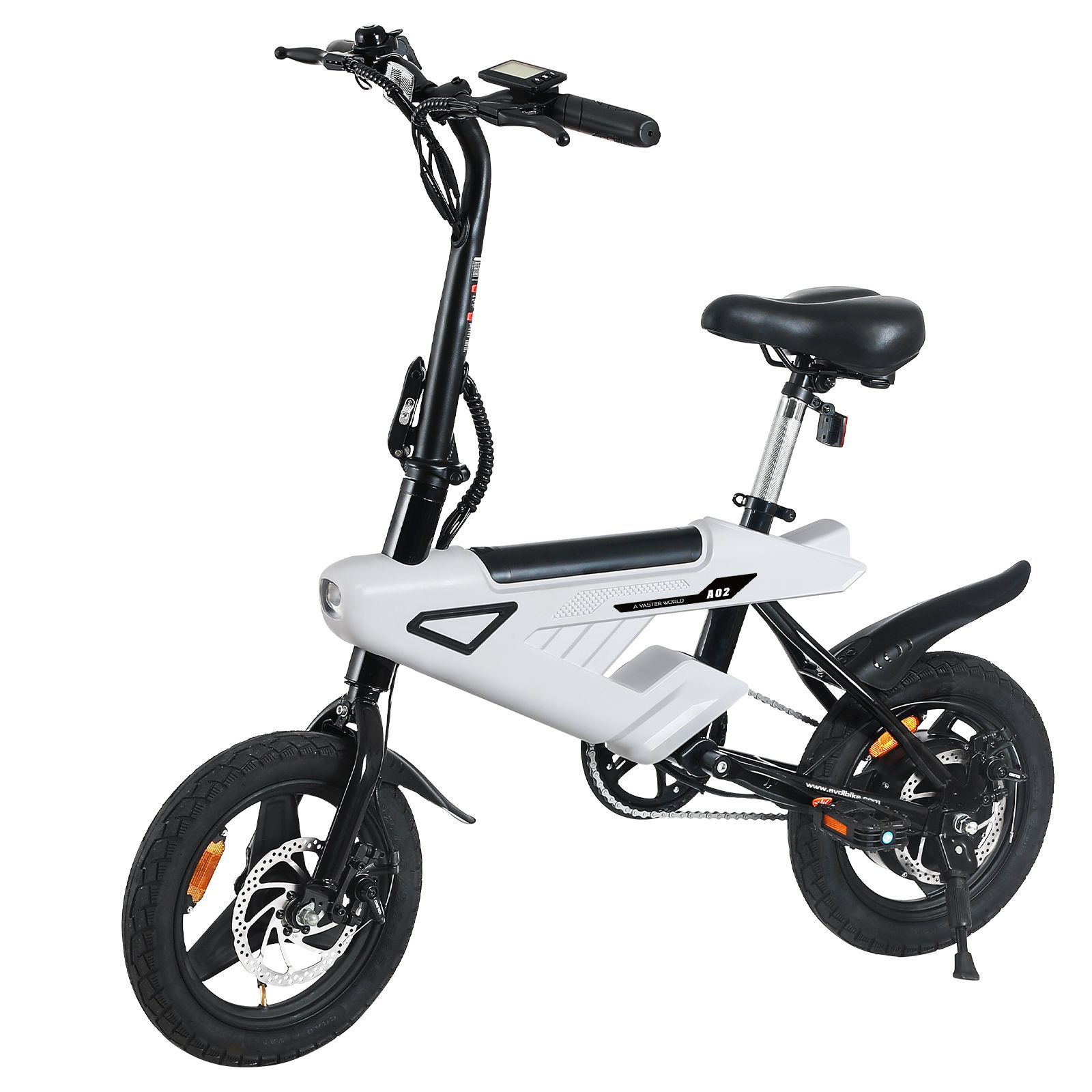 E-bike pieghevole A02, bianco e nero. Ruote da 14 pollici, sella nera, parafanghi. Luci anteriori e posteriori. Freni a disco.
