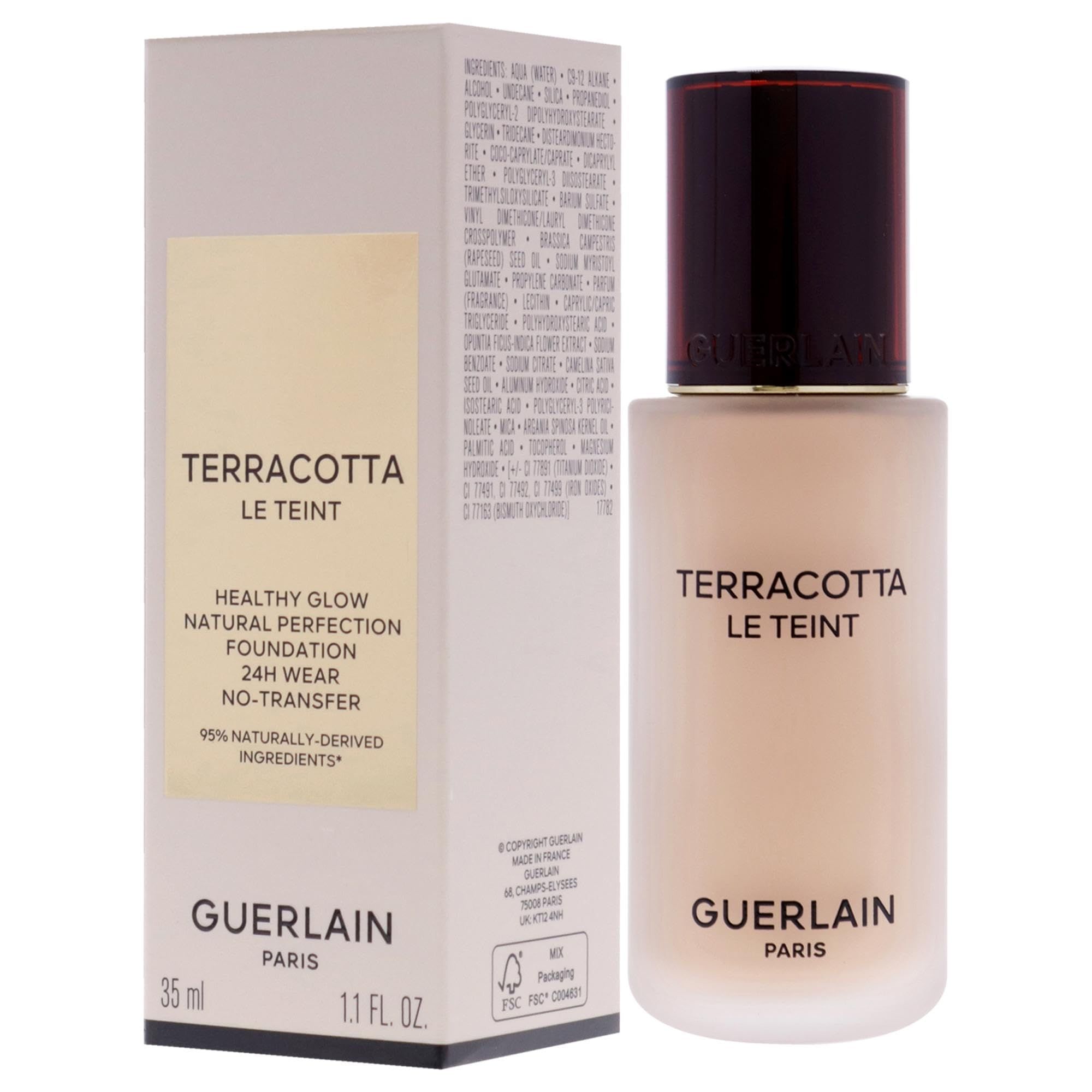 Fondotinta Guerlain Terracotta Le Teint. Flacone e confezione. Scritte: Healthy Glow, Natural Perfection, 24H Wear, No-Transfer.