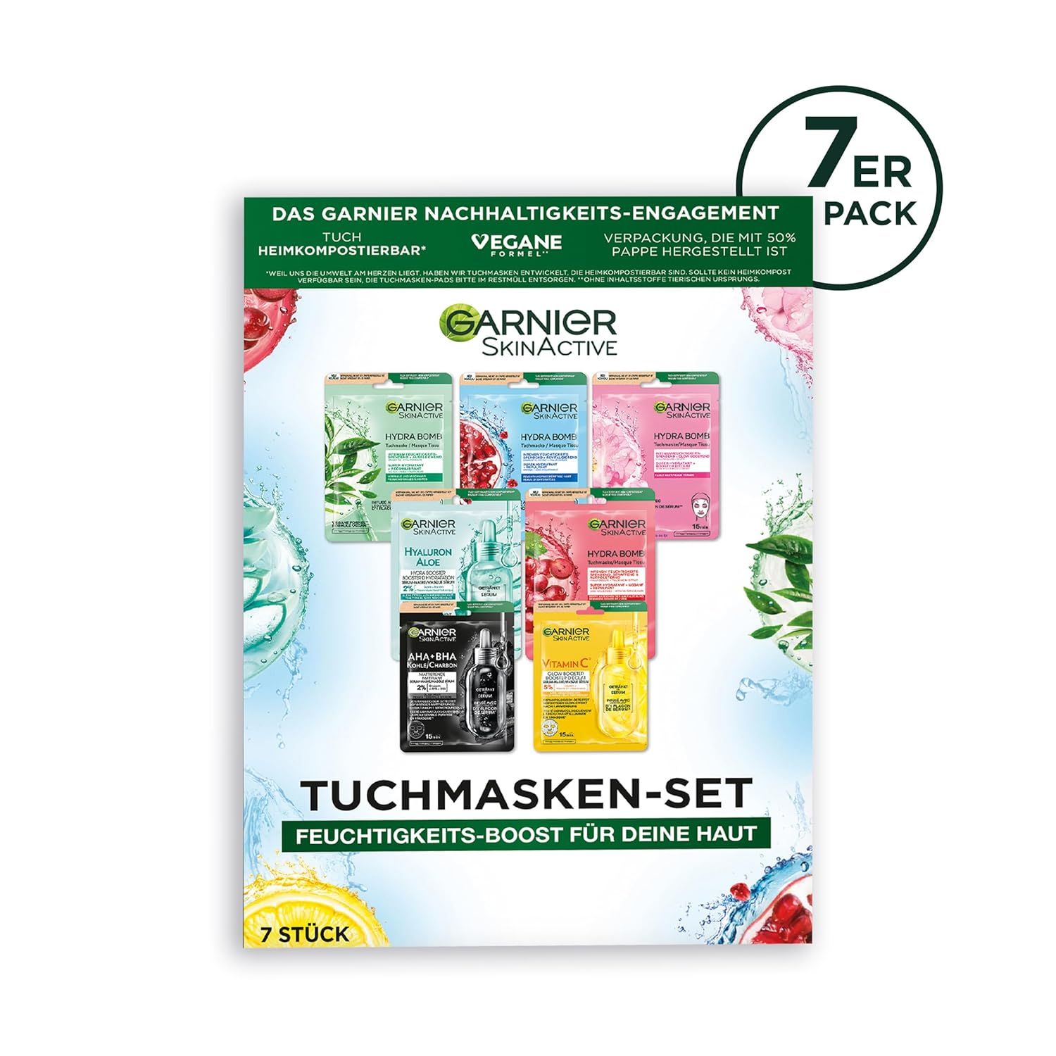 Set di maschere in tessuto Garnier SkinActive con 7 maschere. Confezione: Impegno per la sostenibilità, vegano, compostabile. Testo: Boost idratante.
