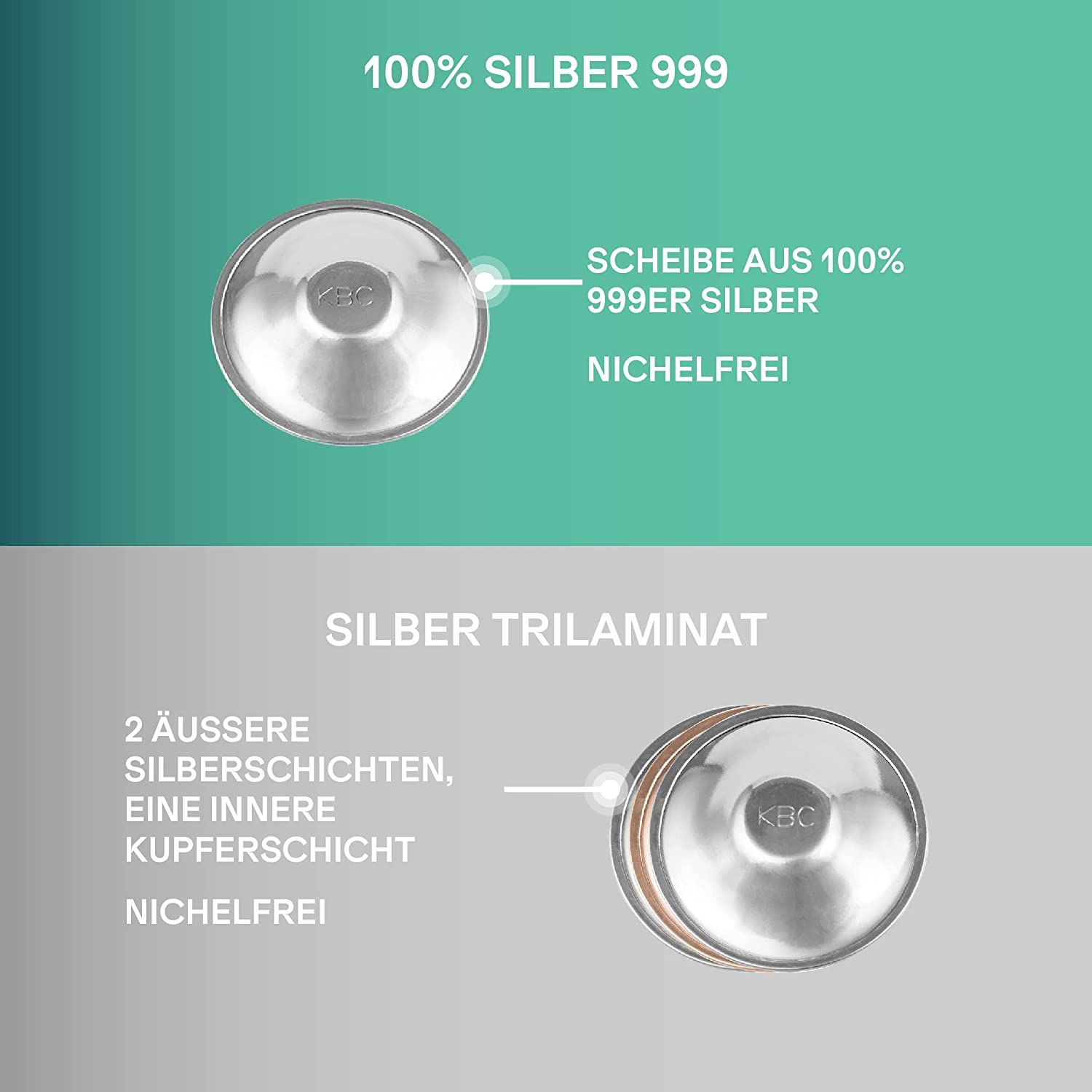 Due coppette. Materiale: 100% argento 999, senza nichel. Struttura: 2 strati esterni in argento, uno strato interno in rame. Testo: Argento trilaminato.