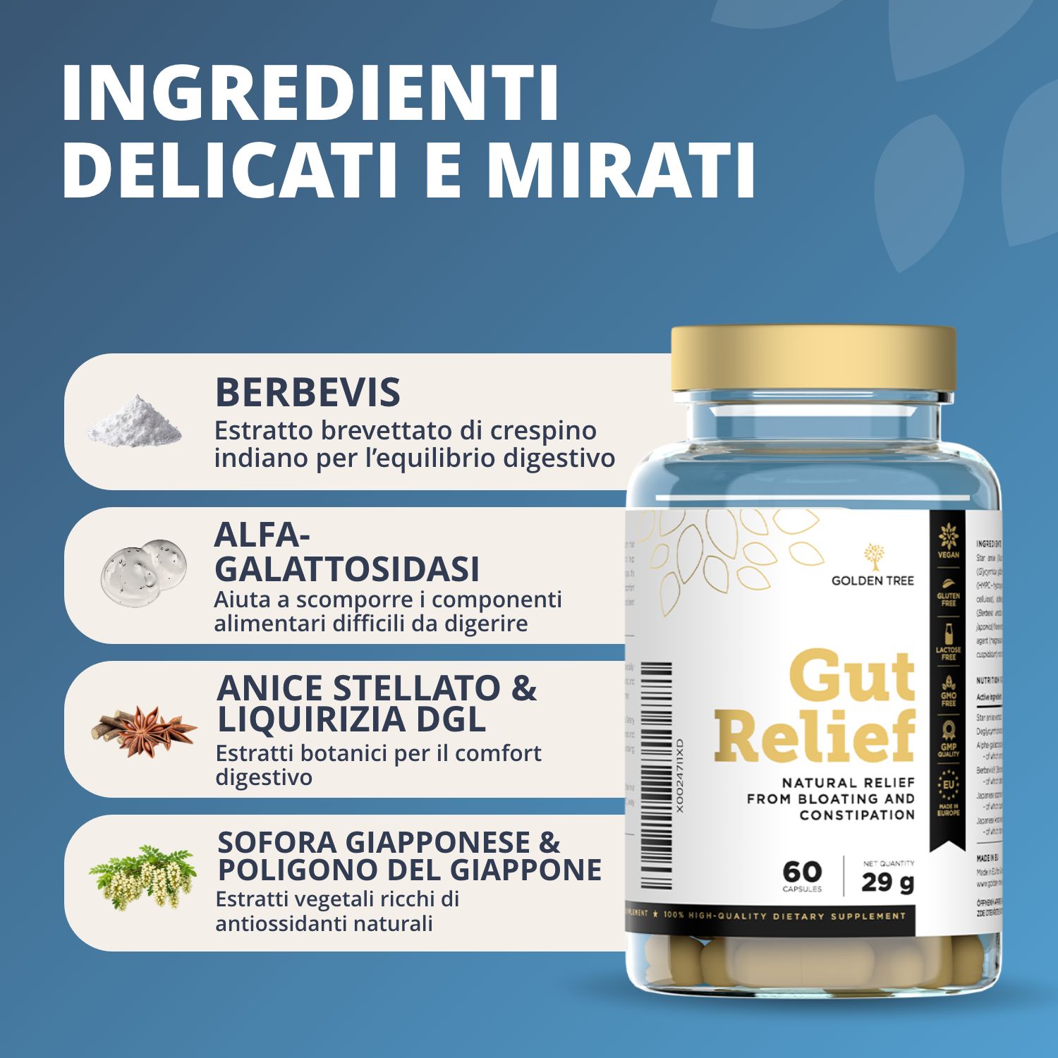 Flacone di 60 capsule Golden Tree Gut Relief, 29g. Con anice stellato e foglie.