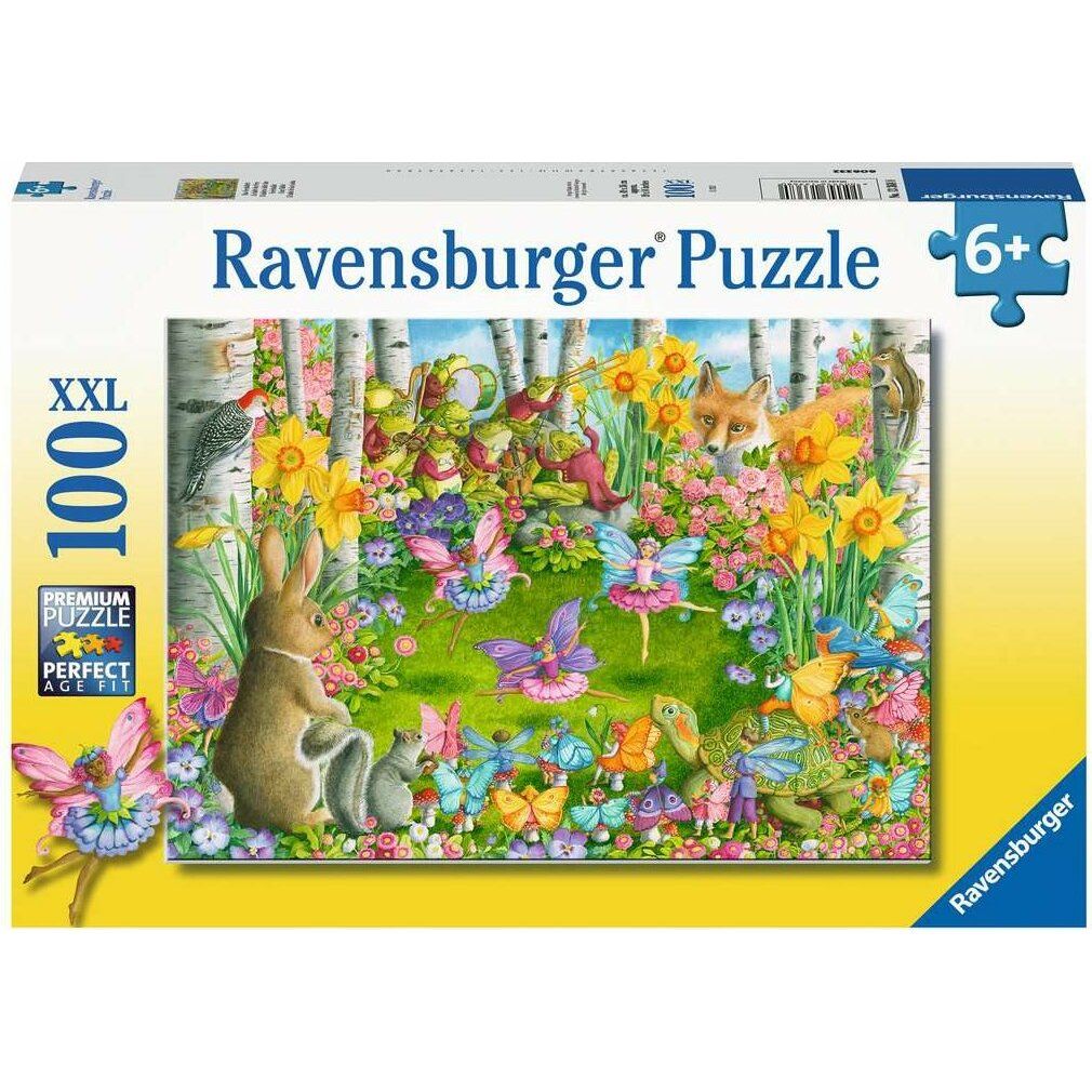 Scatola puzzle Ravensburger. Immagine con fate, animali e fiori. Contiene 100 pezzi. Adatto a bambini dai 6 anni in su.