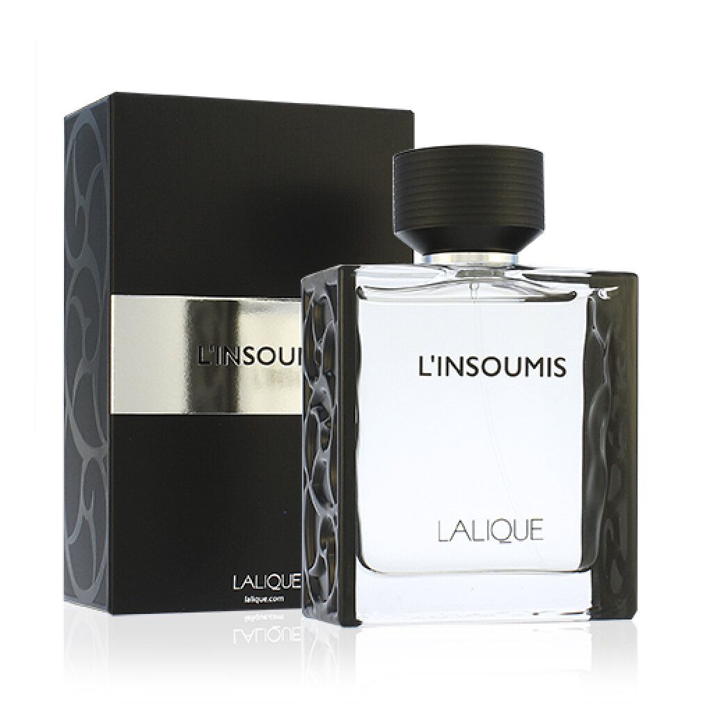 Flacone e scatola. Scritta: L'INSOUMIS, LALIQUE. Scatola nera con fascia argentata. Flacone rettangolare.