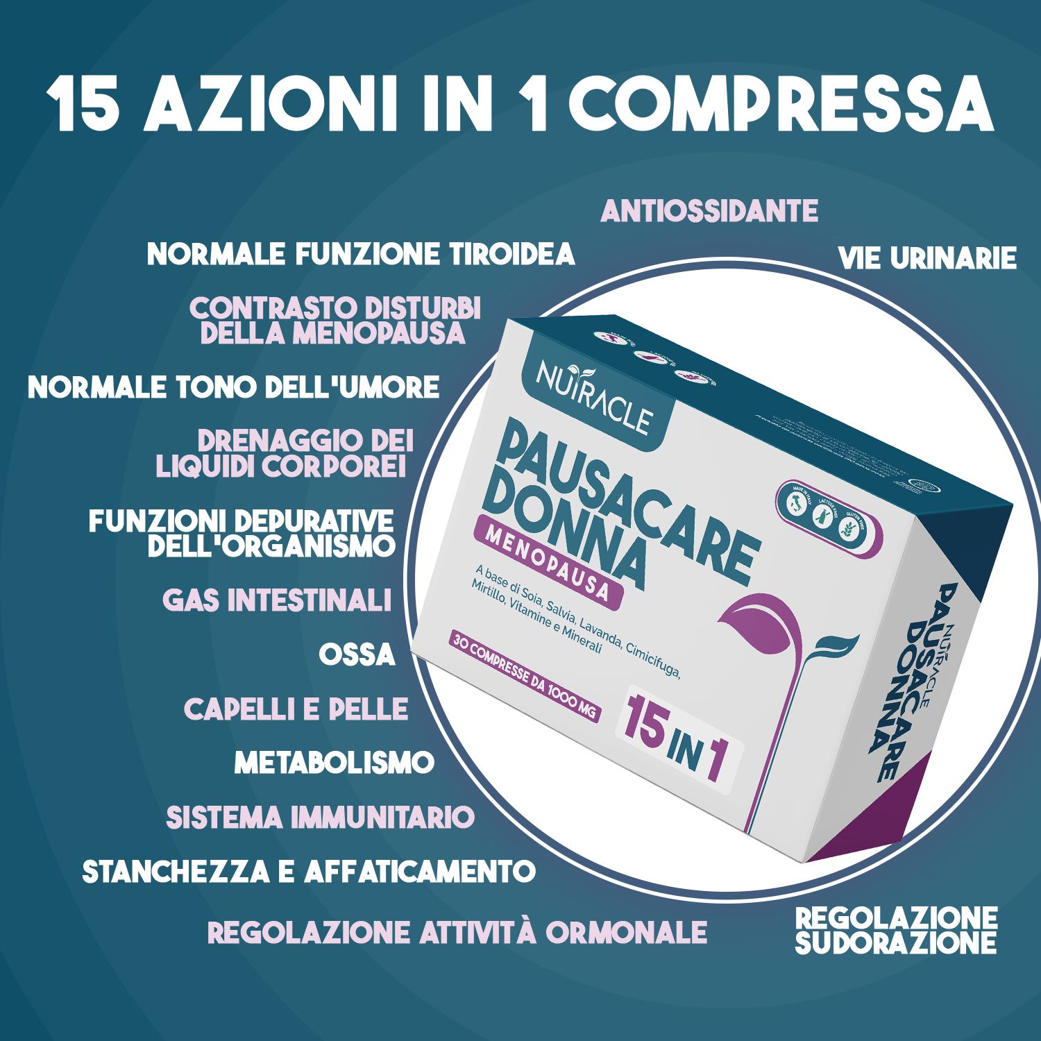 Confezione Nutracle PausaCare Donna. Testo: 15 azioni in 1 compressa. Tiroide, umore, drenaggio, ossa, pelle, metabolismo, sistema immunitario.