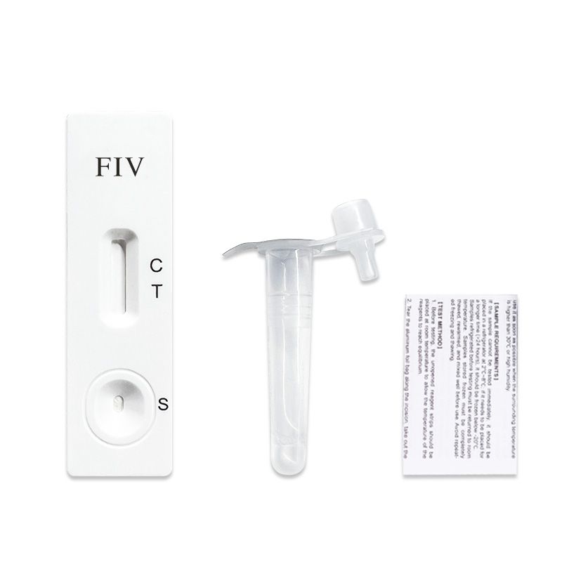 Test diagnostico FIV per gatti. Contiene striscia reattiva, provetta e foglietto illustrativo. Marcature C, T e S sulla striscia.