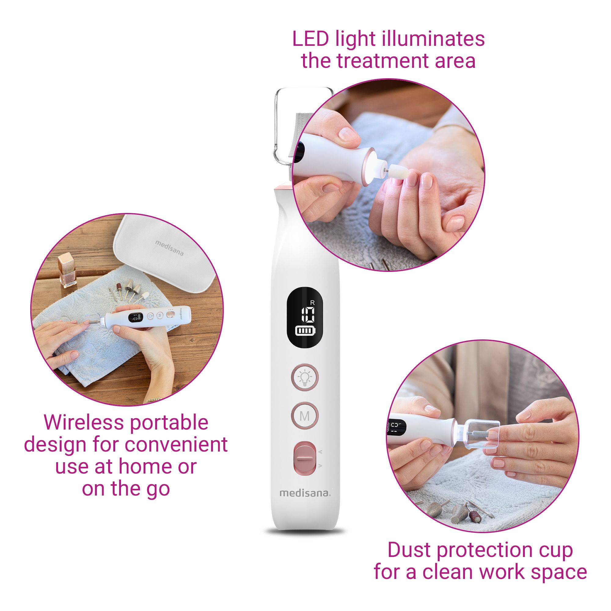 Dispositivo per manicure/pedicure in uso. Tre viste: applicazione, luce LED, protezione dalla polvere.