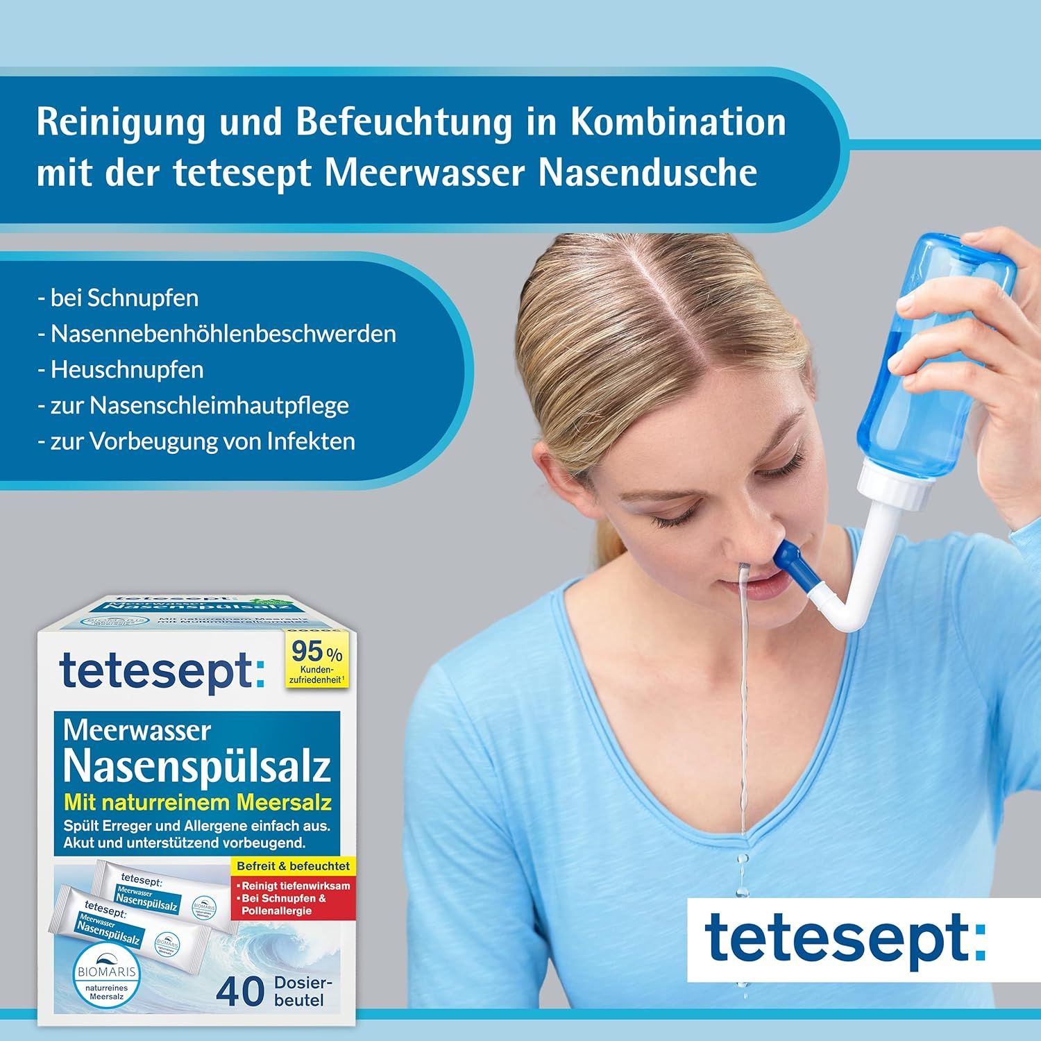 Donna usa doccia nasale. Accanto: confezione di tetesept Meerwasser Nasenspülsalz. Contiene 40 bustine. Testo: Con sale marino naturale.