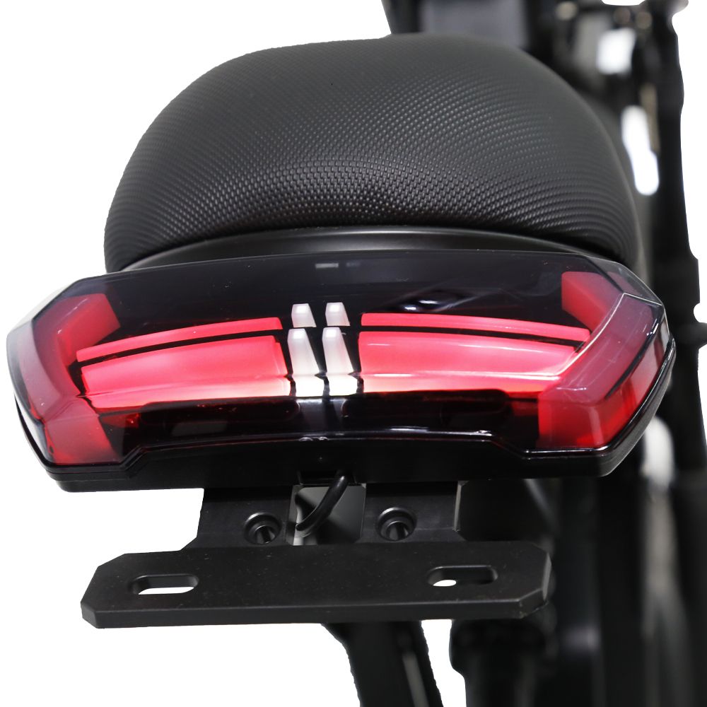 Fanale posteriore e sella e-bike. Alloggiamento nero, luci rosse, sella nera.