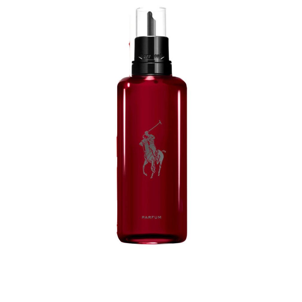 Flacone rosso con vaporizzatore nero. Logo di un giocatore di polo. Scritta: PARFUM.