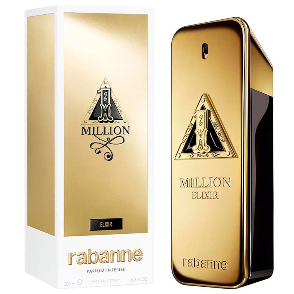 Flacone e confezione dorati. Scritte "Million Elixir" e "rabanne".