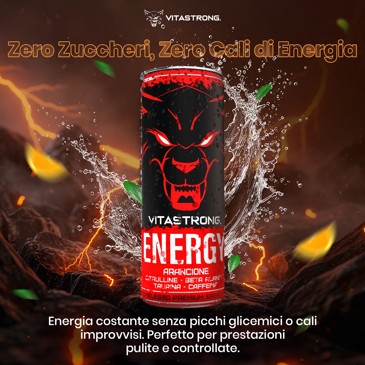 Lattina Vitastrong Energy Orange. Immagine con acqua e fette d'arancia. Testo: Zero zuccheri.