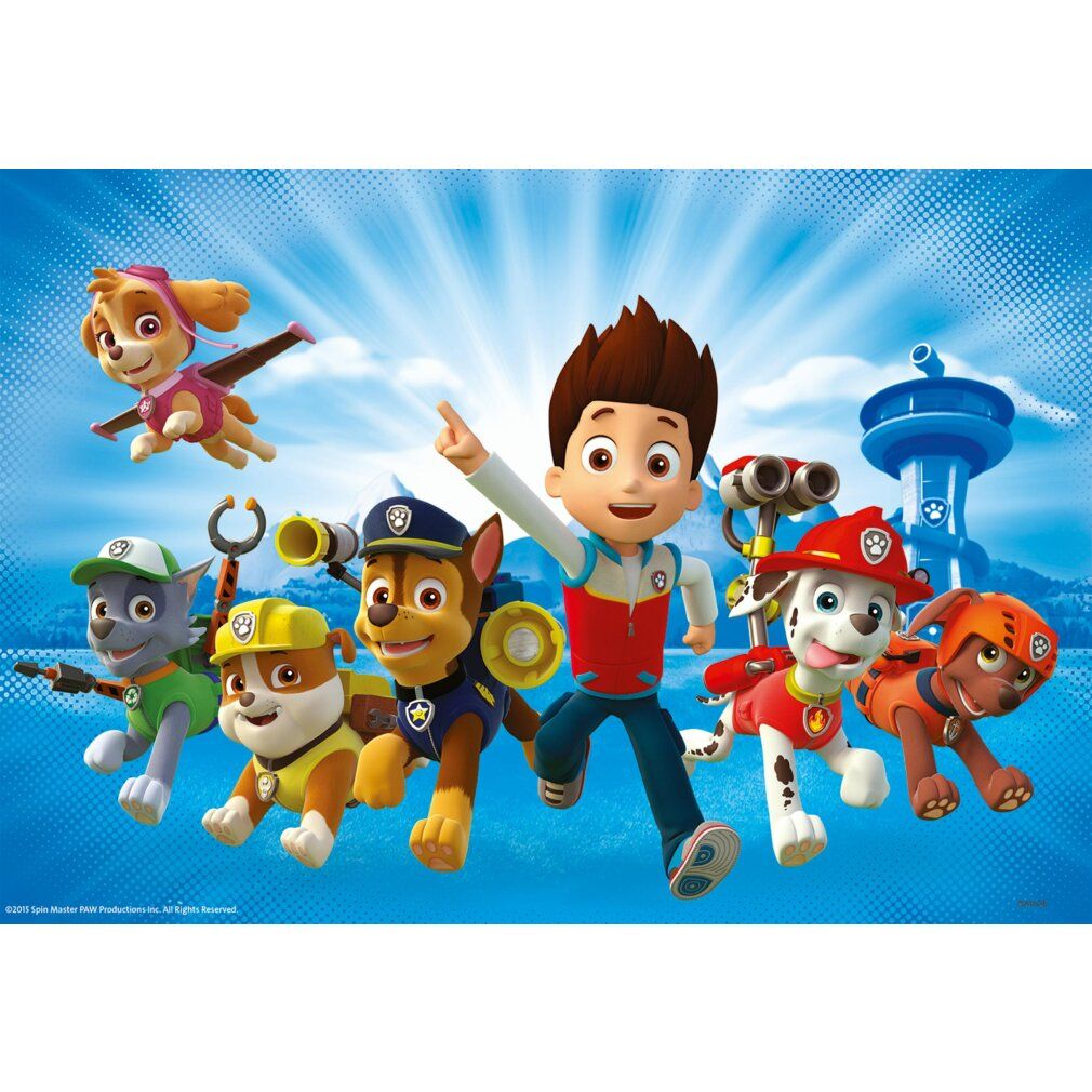 Puzzle Paw Patrol. Rappresentati Ryder e i personaggi di Paw Patrol. Sfondo: cielo blu con raggi di sole.