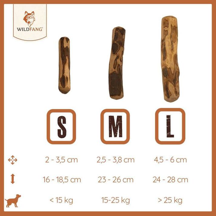 Tre bastoncini masticabili in legno d'ulivo di diverse dimensioni: S, M, L. Indicazioni delle dimensioni in cm e raccomandazioni di peso.