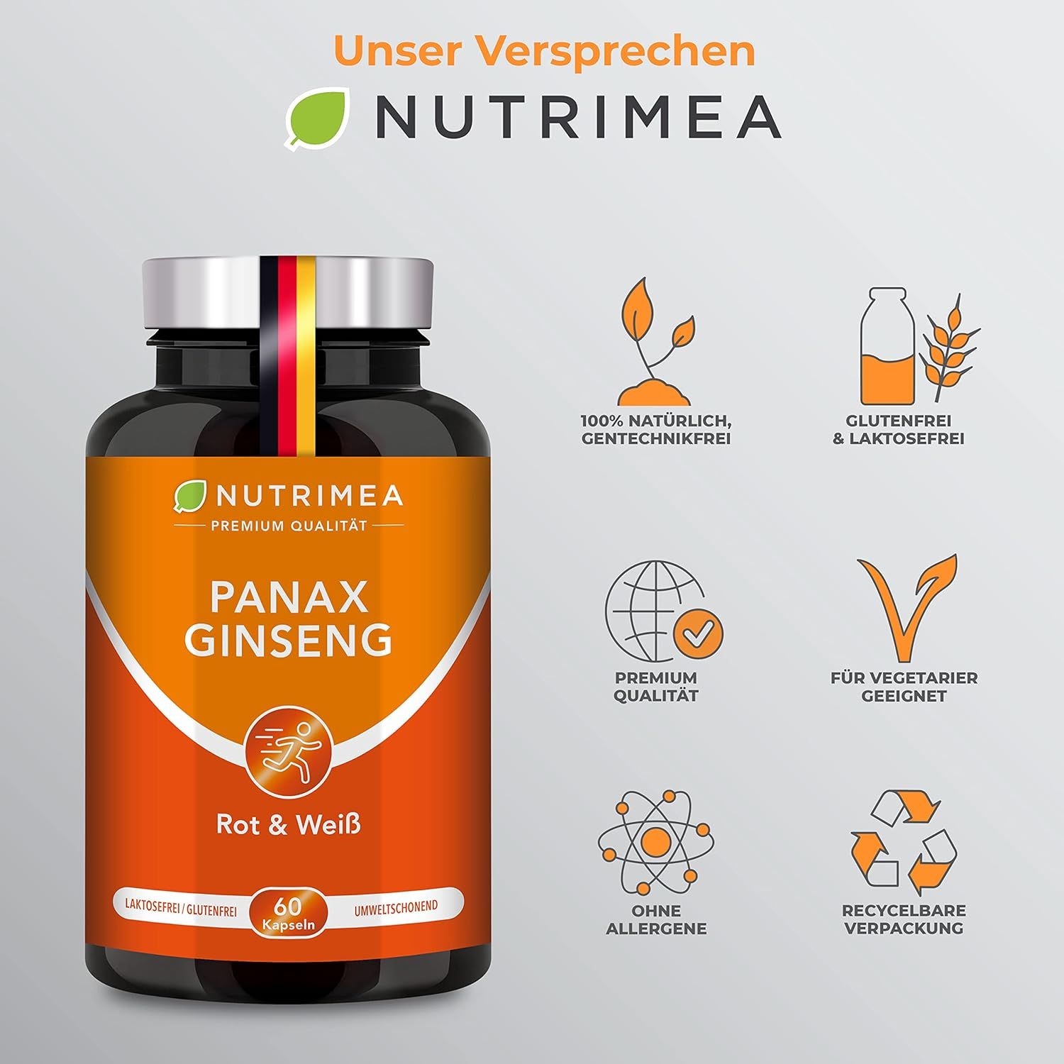 Flacone marrone con etichetta arancione. Scritta: Nutrimea, Panax Ginseng, Rosso & Bianco, 60 capsule. Simboli: naturale, senza OGM, vegetariano, riciclabile.