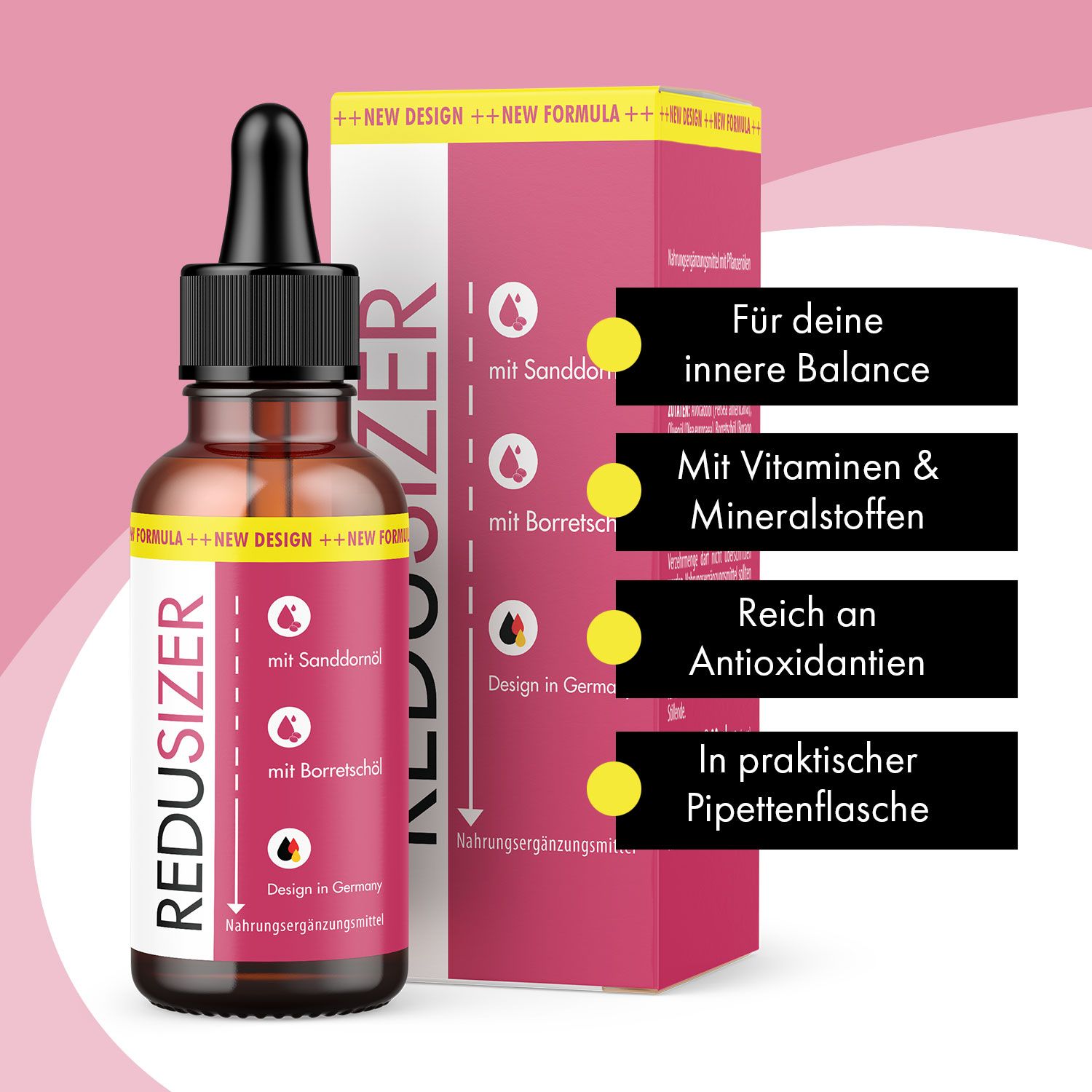 Flacone di vetro marrone con contagocce e confezione rosa. Scritta: REDUSIZER. Testo: Per il tuo equilibrio interiore, con vitamine e minerali, ricco di antiossidanti.