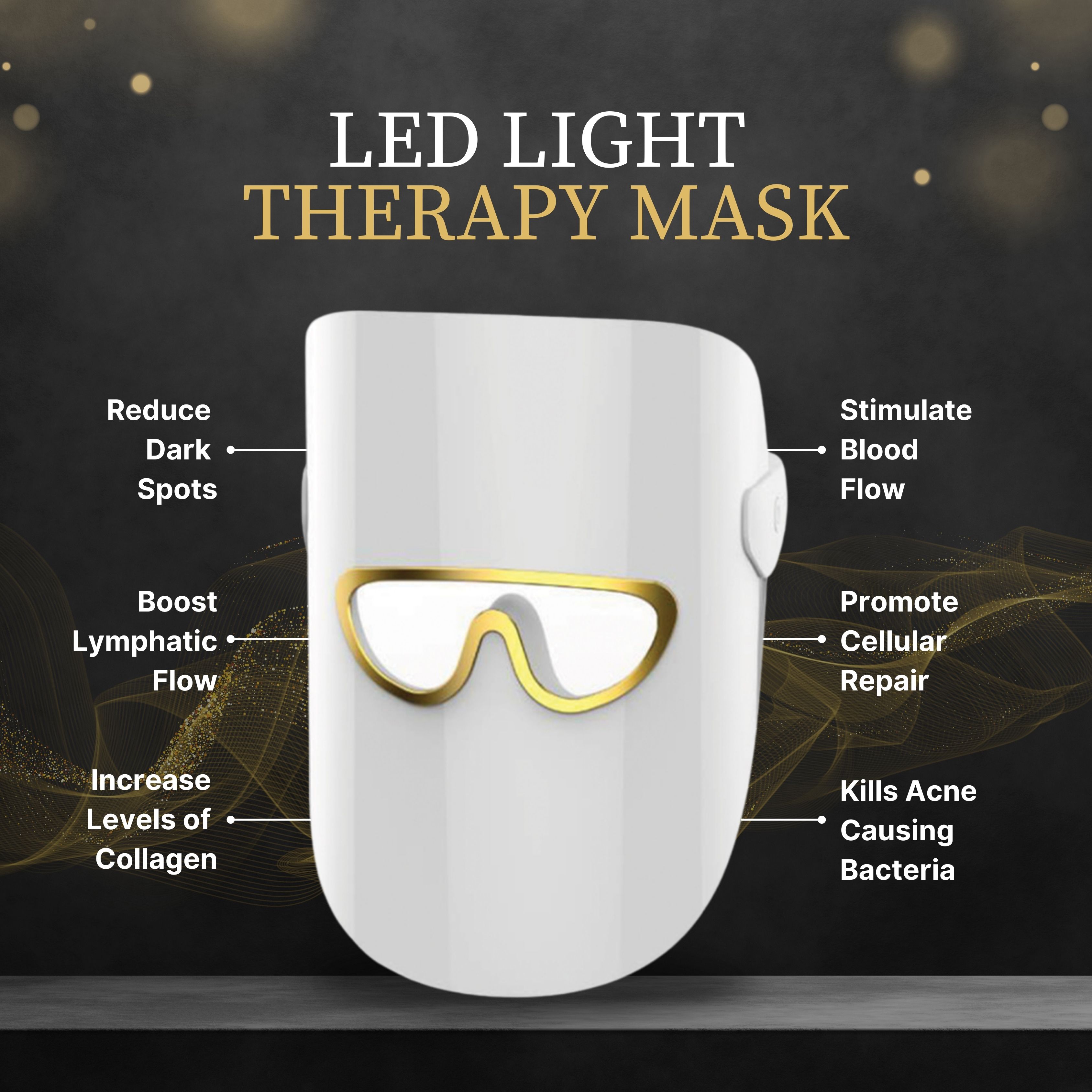 Maschera LED per terapia della luce bianca con accenti dorati, con testo sui benefici come 'Riduce le macchie scure'.
