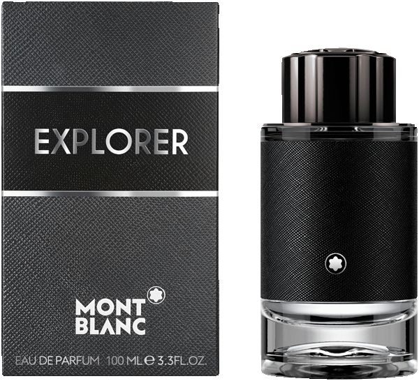 Flacone nero con tappo nero e confezione. Sulla confezione sono presenti le scritte "EXPLORER" e "MONTBLANC".