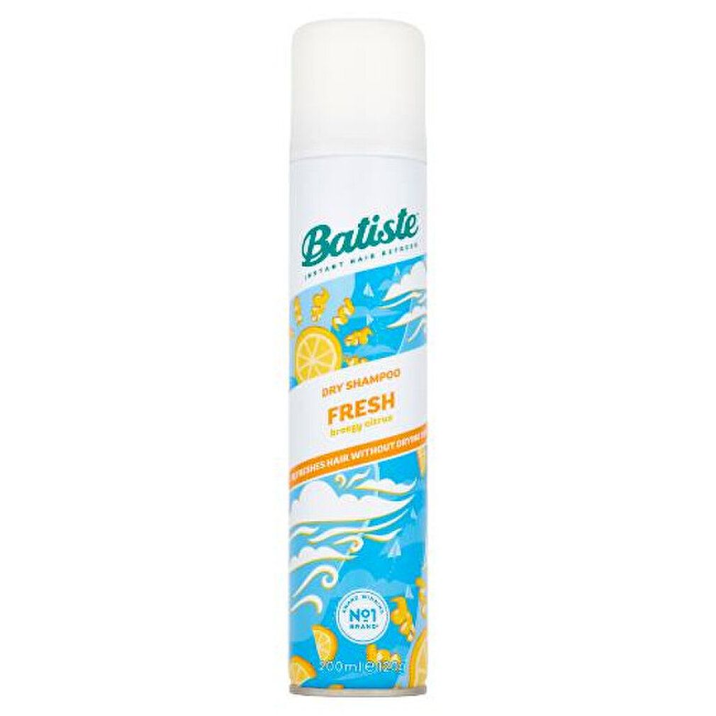 Bomboletta spray di shampoo secco. Tappo bianco. Illustrazioni di limoni gialli. Scritta: Batiste, Fresh, shampoo secco.
