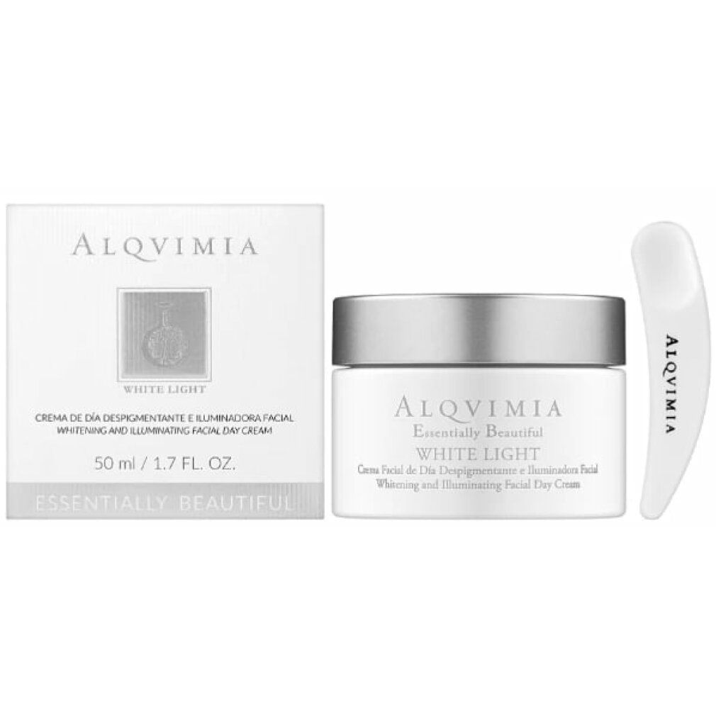 Vasetto di crema, scatola e spatola. Scritta: Alqvimia, White Light. Testo: Crema Facial de Día Despigmentante e Iluminadora Facial. 50 ml.