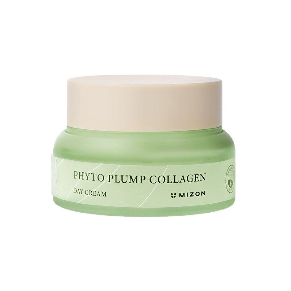 Vasetto di crema verde con coperchio beige. Scritta: Phyto Plump Collagen Day Cream, Mizon.