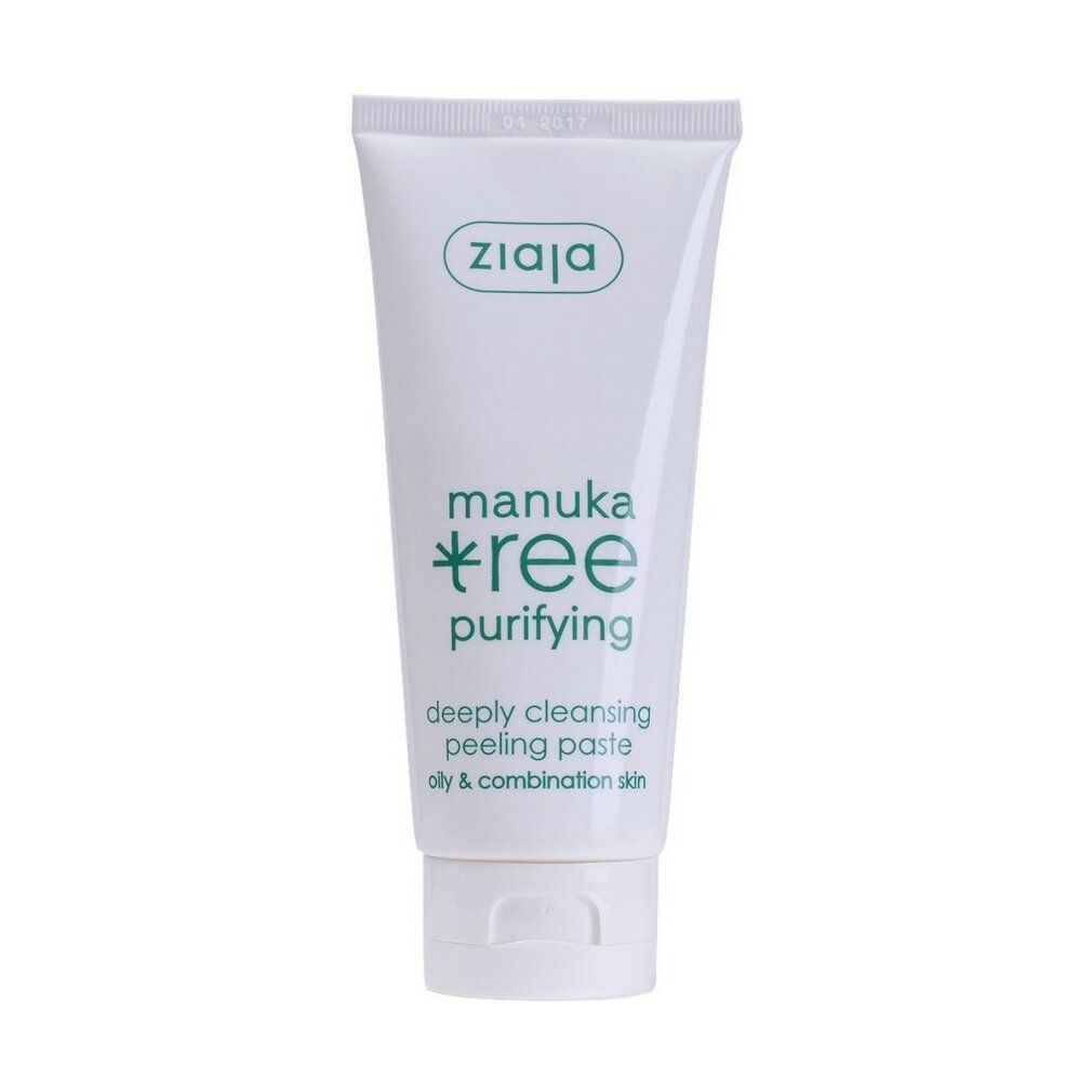 Tubo bianco con stampa verde. Scritta: Ziaja, manuka tree purifying, deeply cleansing peeling paste, oily & combination skin.