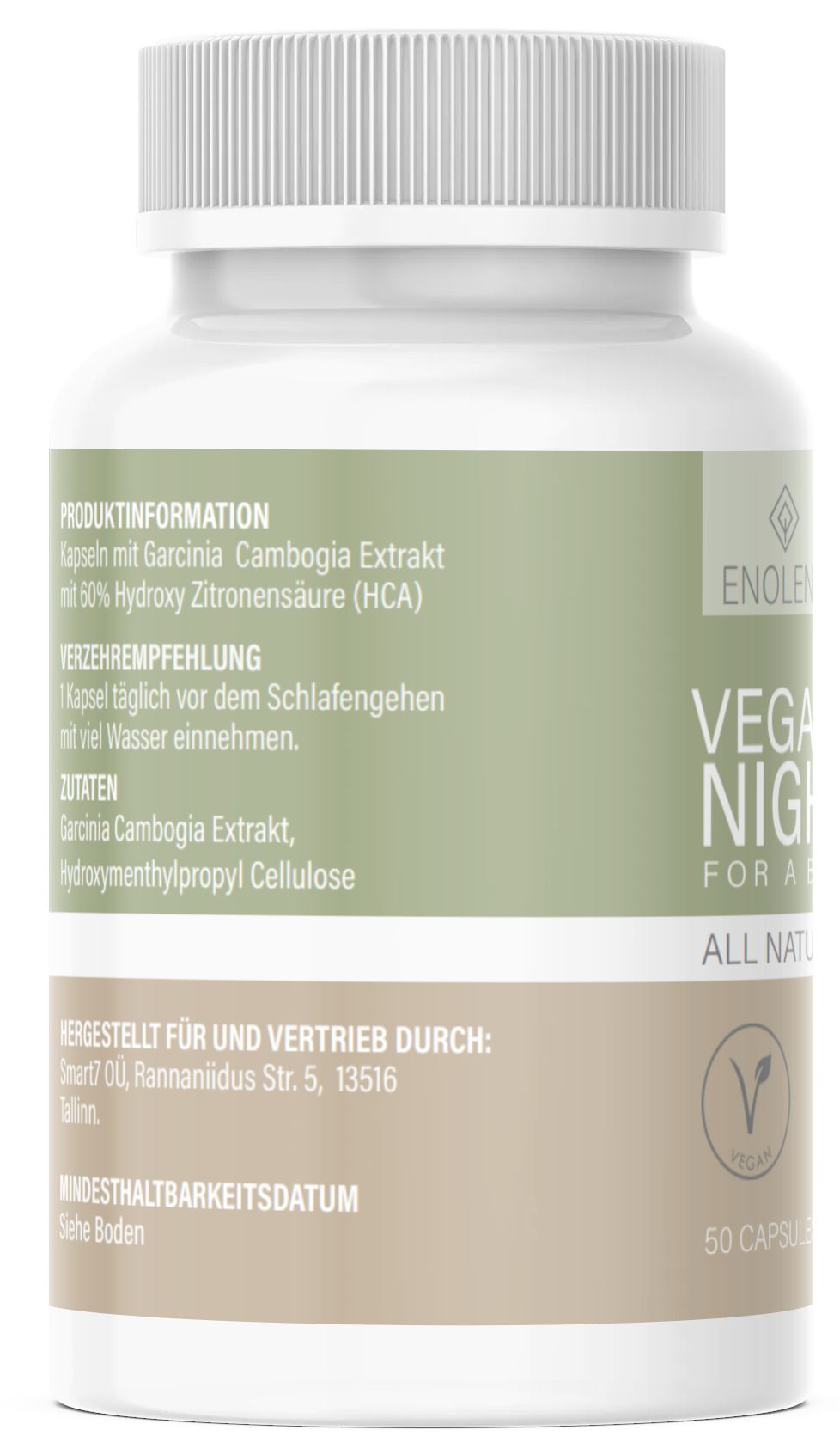 Flacone con etichetta verde. Informazioni sul prodotto, ingredienti, consigli d'uso. Scritta: Vegan Night Burn. Indirizzo del produttore.