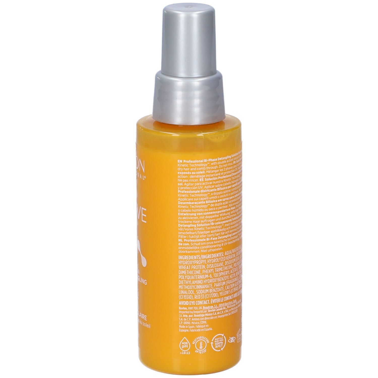 Retro di un flacone giallo con vaporizzatore. Testo e codice a barre. Revlon EQUAVE Sun Detangling Conditioner.