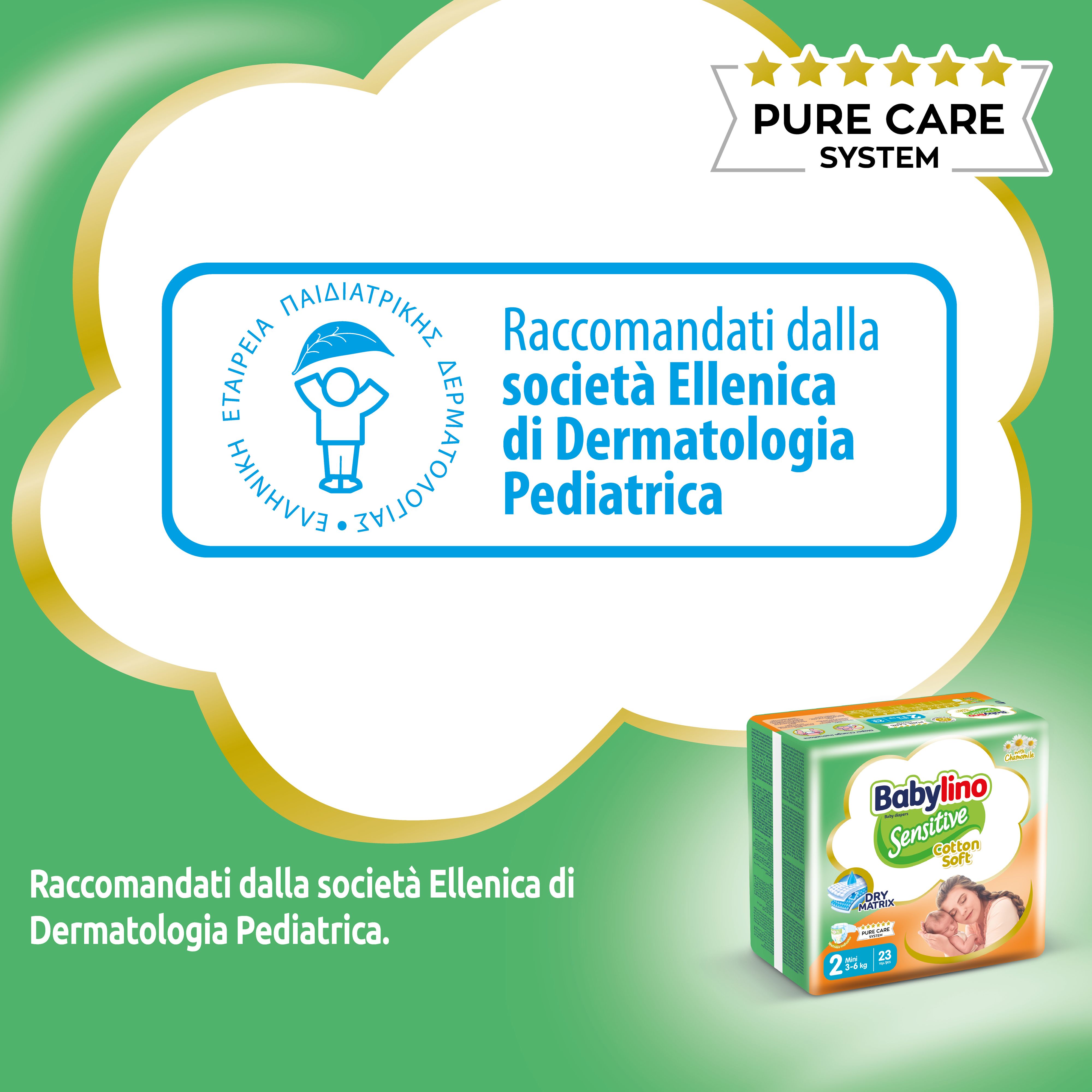 Raccomandato dalla Società Ellenica di Dermatologia Pediatrica. Piccolo pacco Babylino Sensitive. Logo Pure Care System.