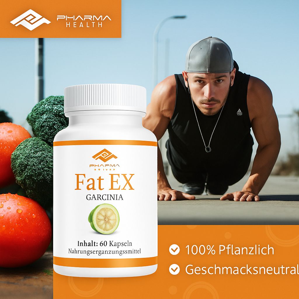 Flacone bianco con capsule. Scritta: Fat EX, Garcinia. Contiene 60 capsule. Logo Pharma Health. Uomo che si allena.