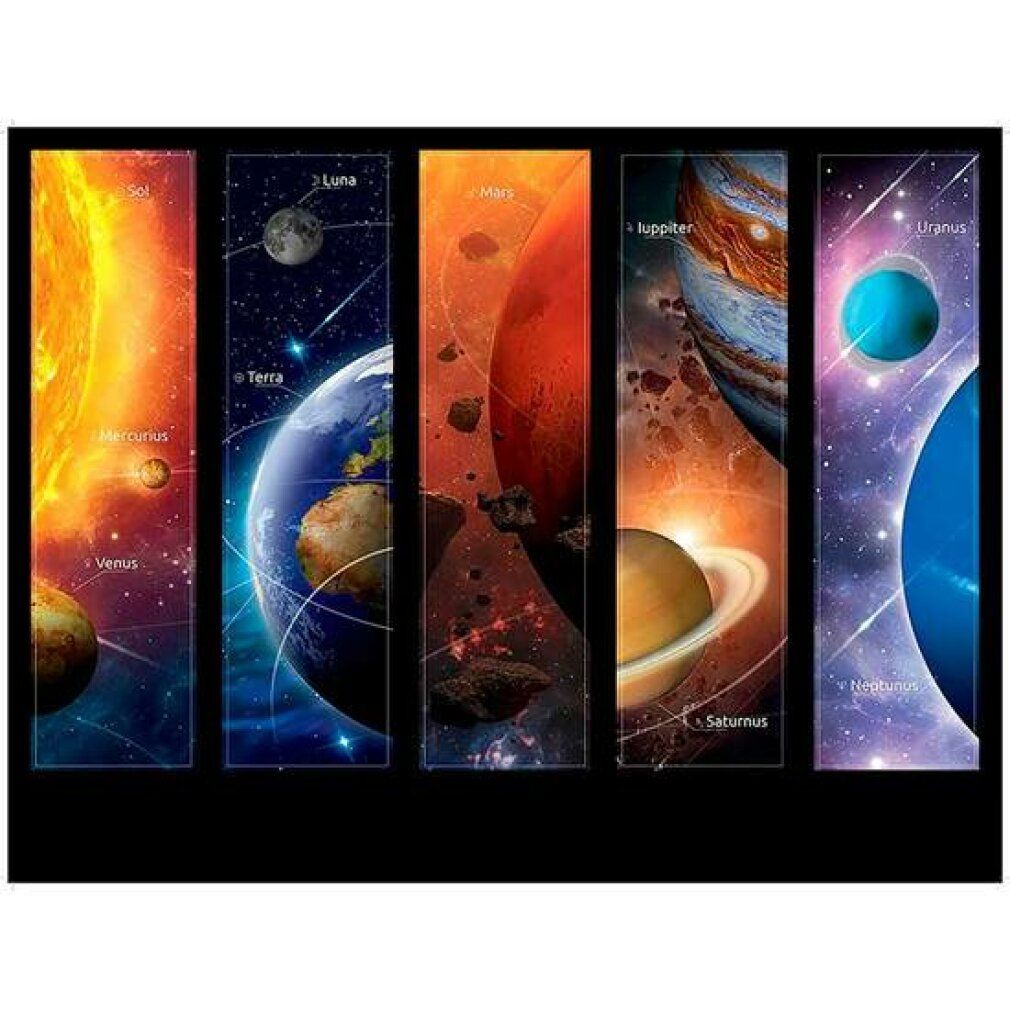 Cinque pannelli verticali mostrano illustrazioni di pianeti e del sistema solare. Sfondo nero.