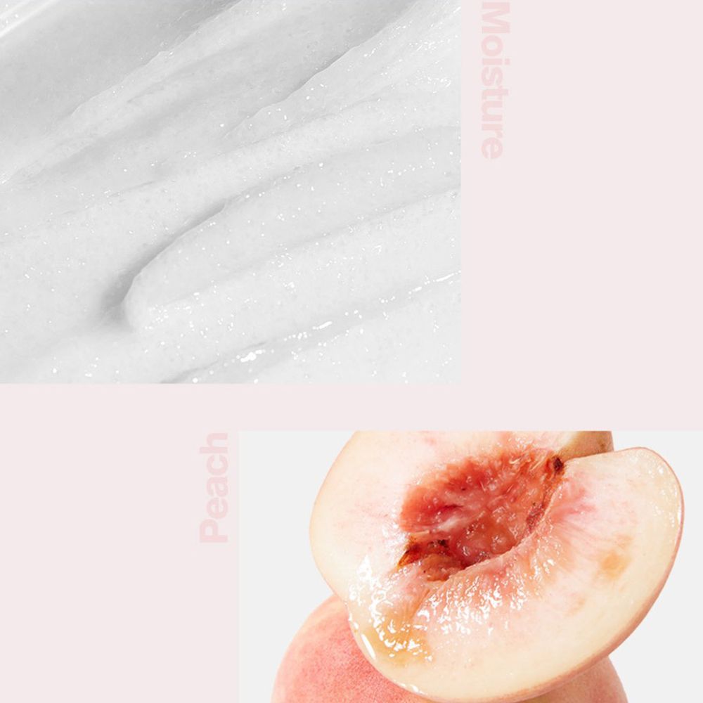 Primo piano di gel bianco e metà pesca. Testo: Umidità, Pesca.