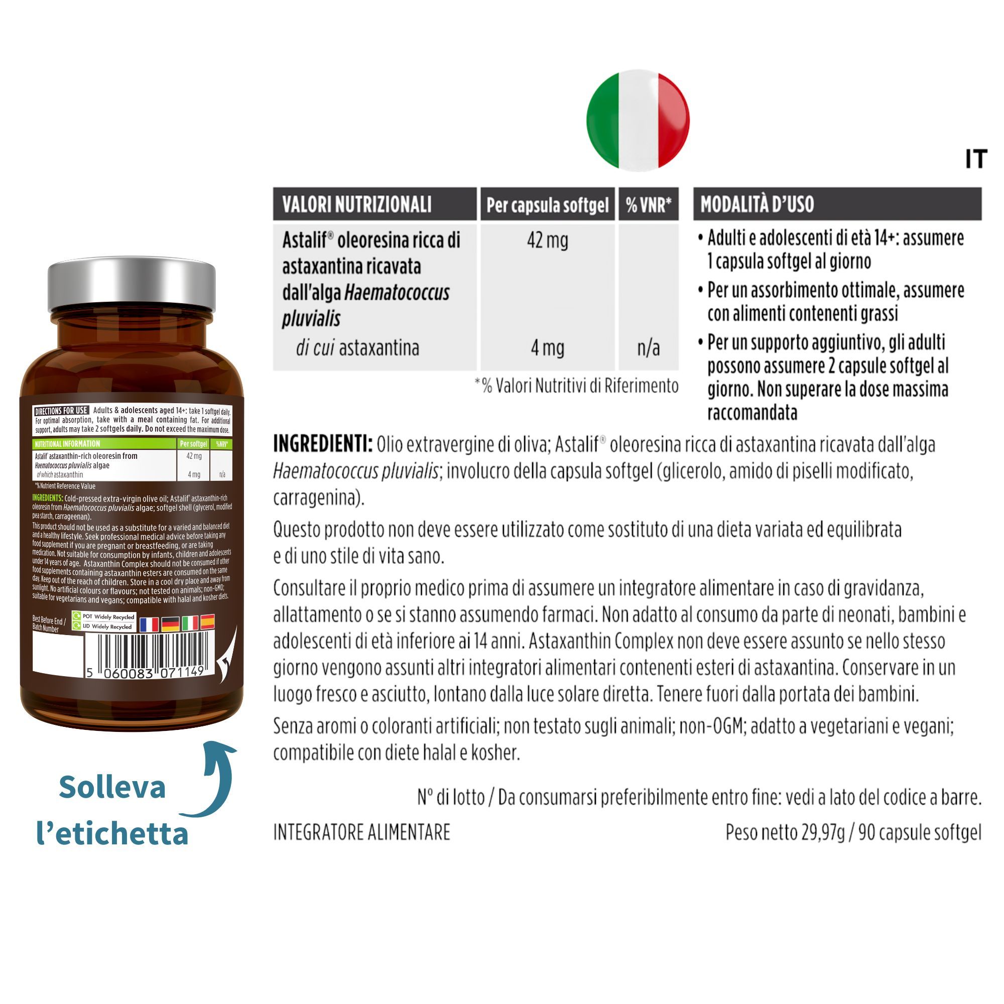 Retro di una bottiglia di astaxantina con informazioni nutrizionali e ingredienti in italiano.