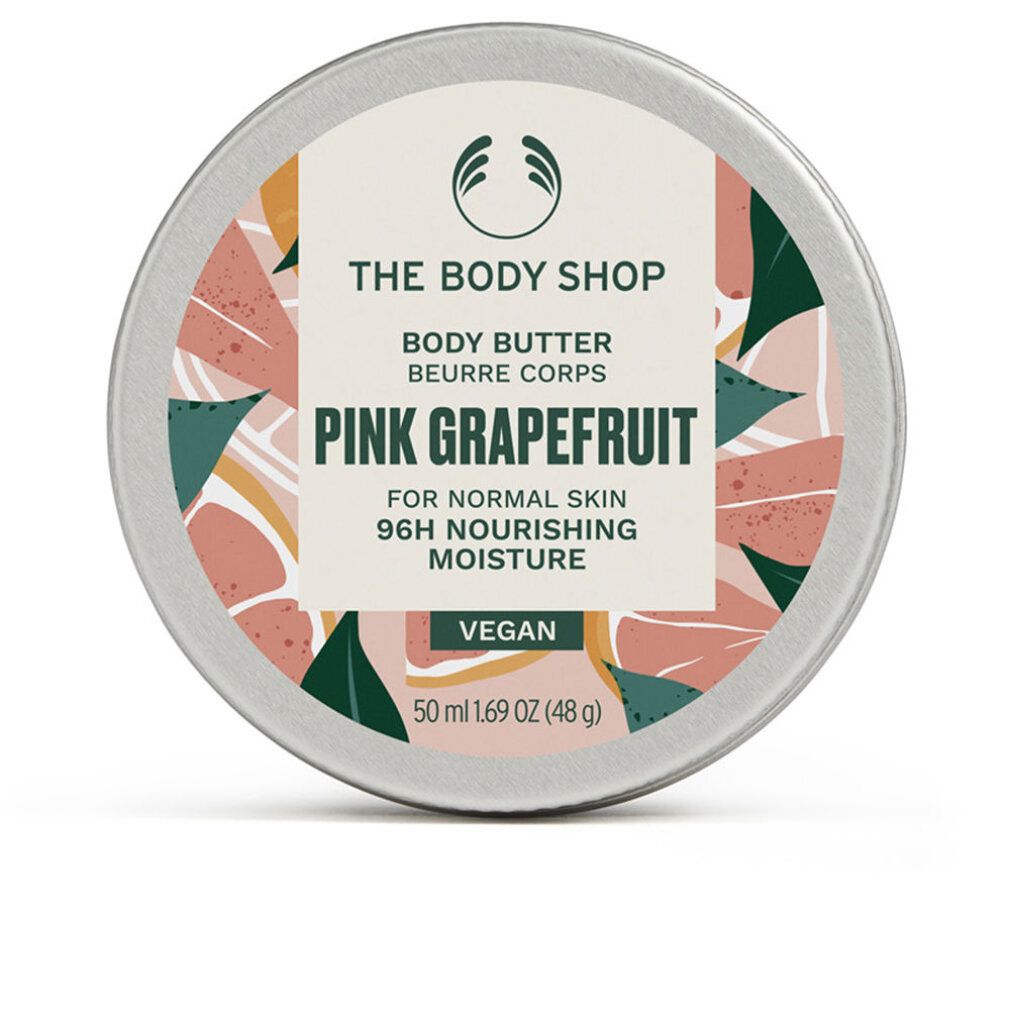 Contenitore rotondo con coperchio. Scritta: Pink Grapefruit Body Butter, per pelli normali, 96H idratazione. Logo vegano.