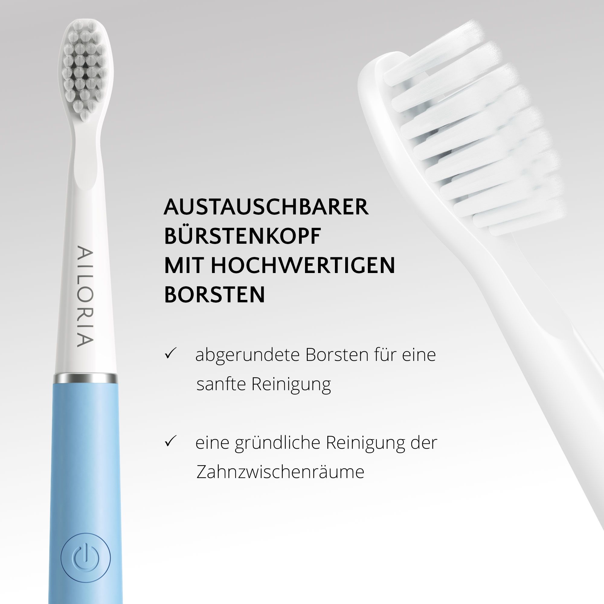 Primo piano della testina sostituibile. Testo: setole arrotondate, pulizia accurata degli spazi interdentali.