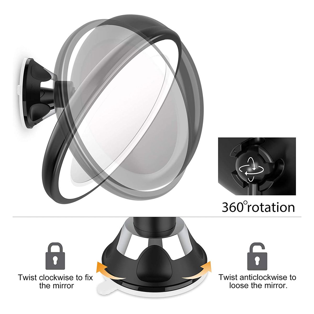 Specchio d'ingrandimento con anello luminoso LED, rotazione 360° e ventosa.