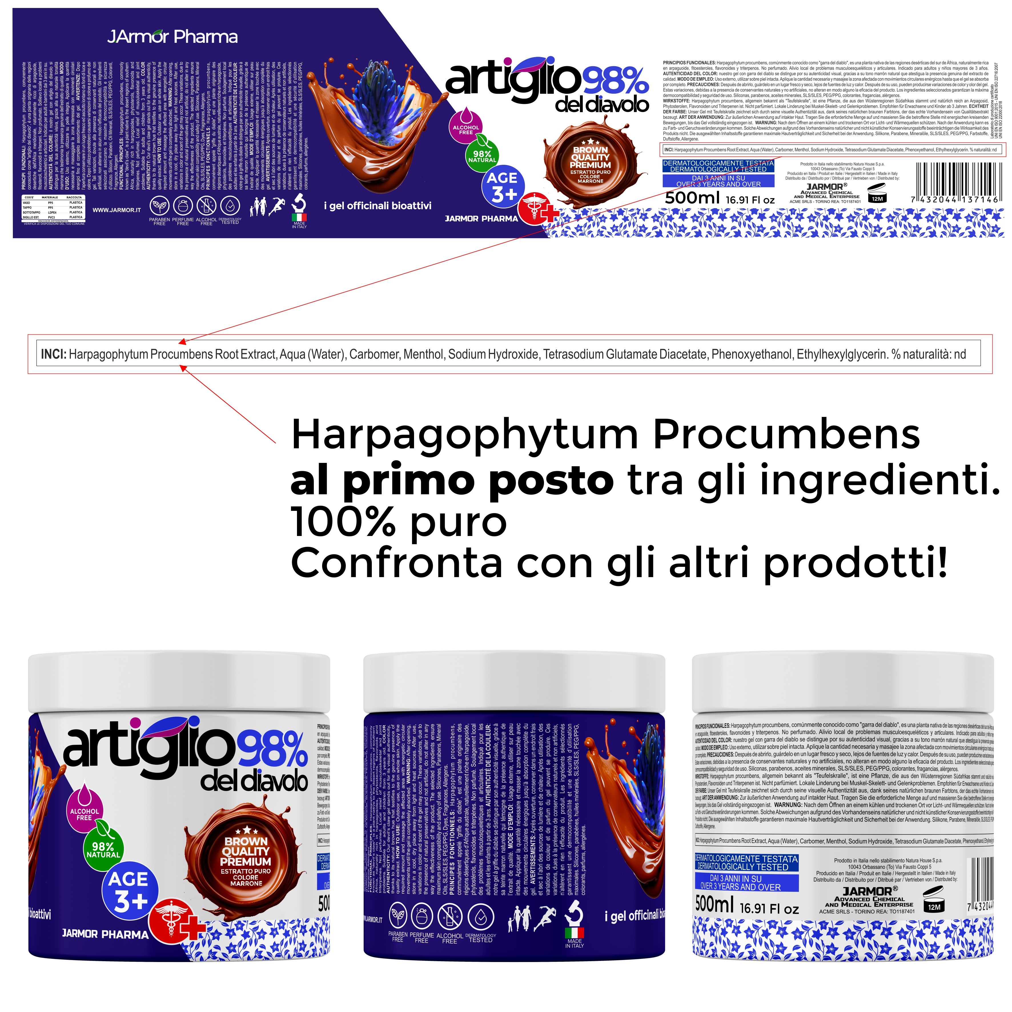 Tre contenitori di prodotto, dettagli etichetta. Testo: Artiglio 98% del diavolo. Testo: Harpagophytum Procumbens al primo posto.