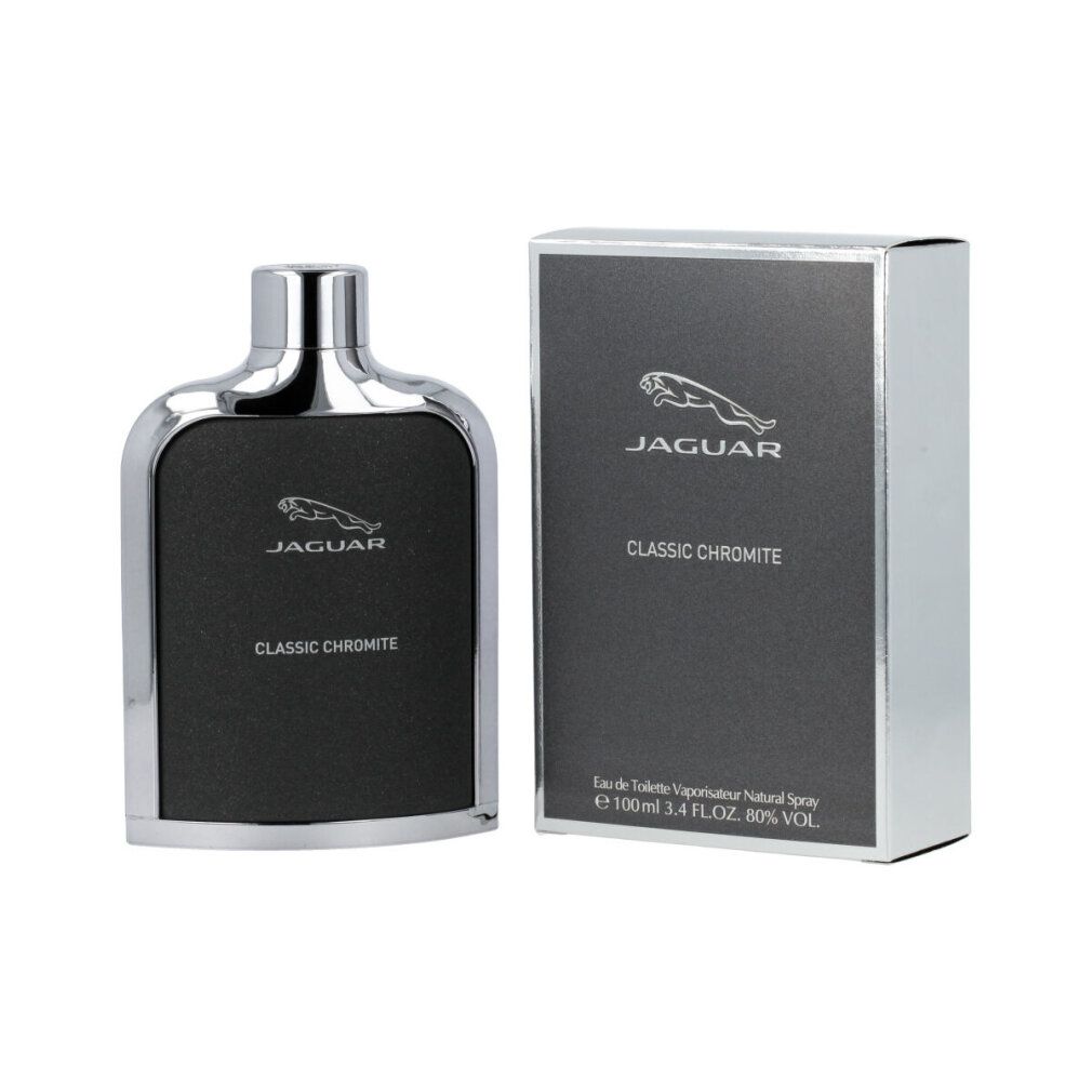 Flacone e confezione di Jaguar Classic Chromite. Design nero con dettagli argento. Confezione con logo e nome del prodotto.