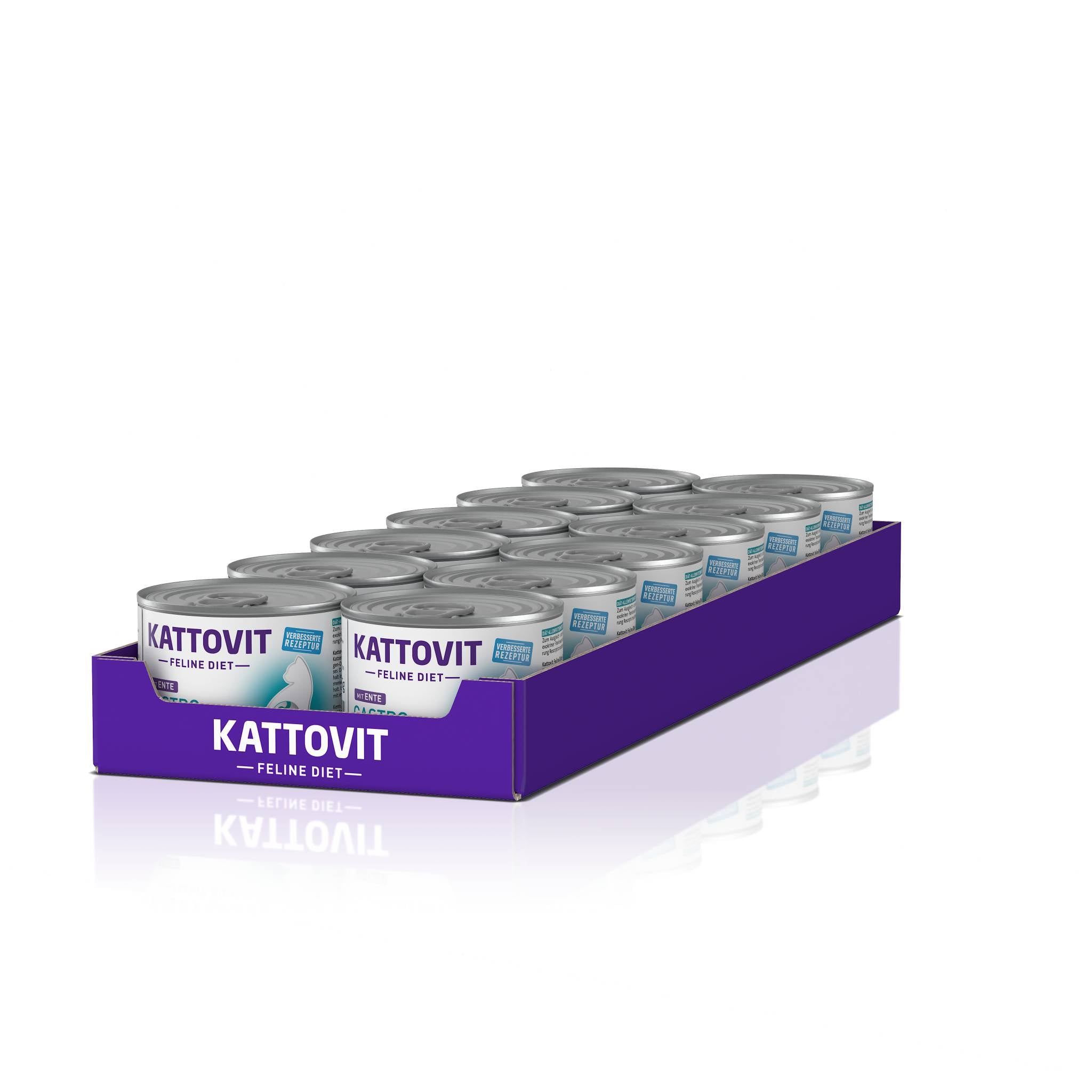 Lattine KATTOVIT Gastro Ente in una scatola viola. Diverse lattine, scritta: KATTOVIT, Feline Diet, Gastro.