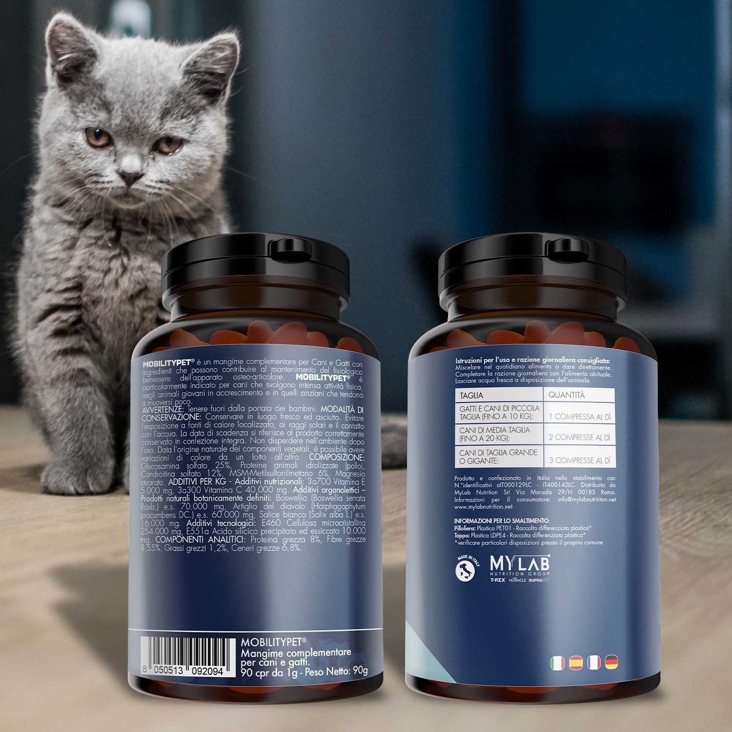 Due flaconi Mobilitypet. Scritta: 90 compresse appetibili. Retro con ingredienti e dosaggio.