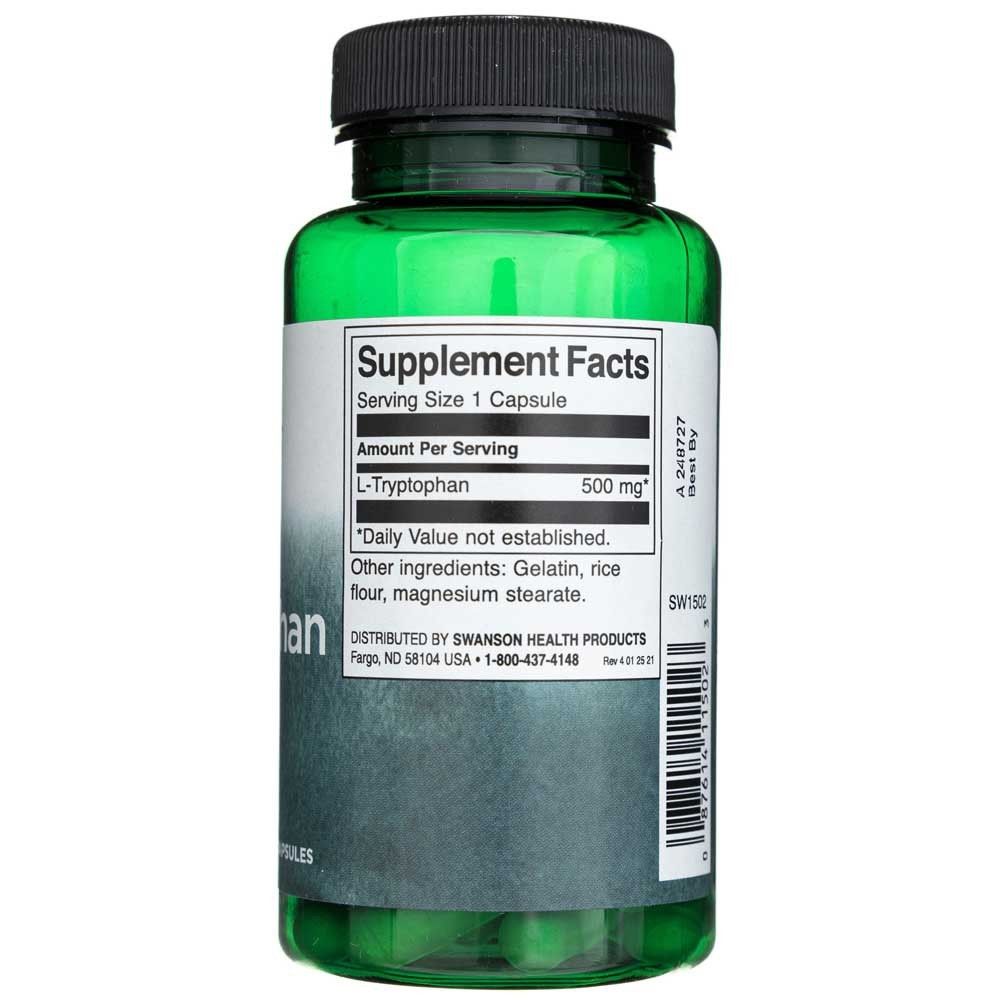 Retro della bottiglia di L-Triptofano Swanson con informazioni nutrizionali e ingredienti.