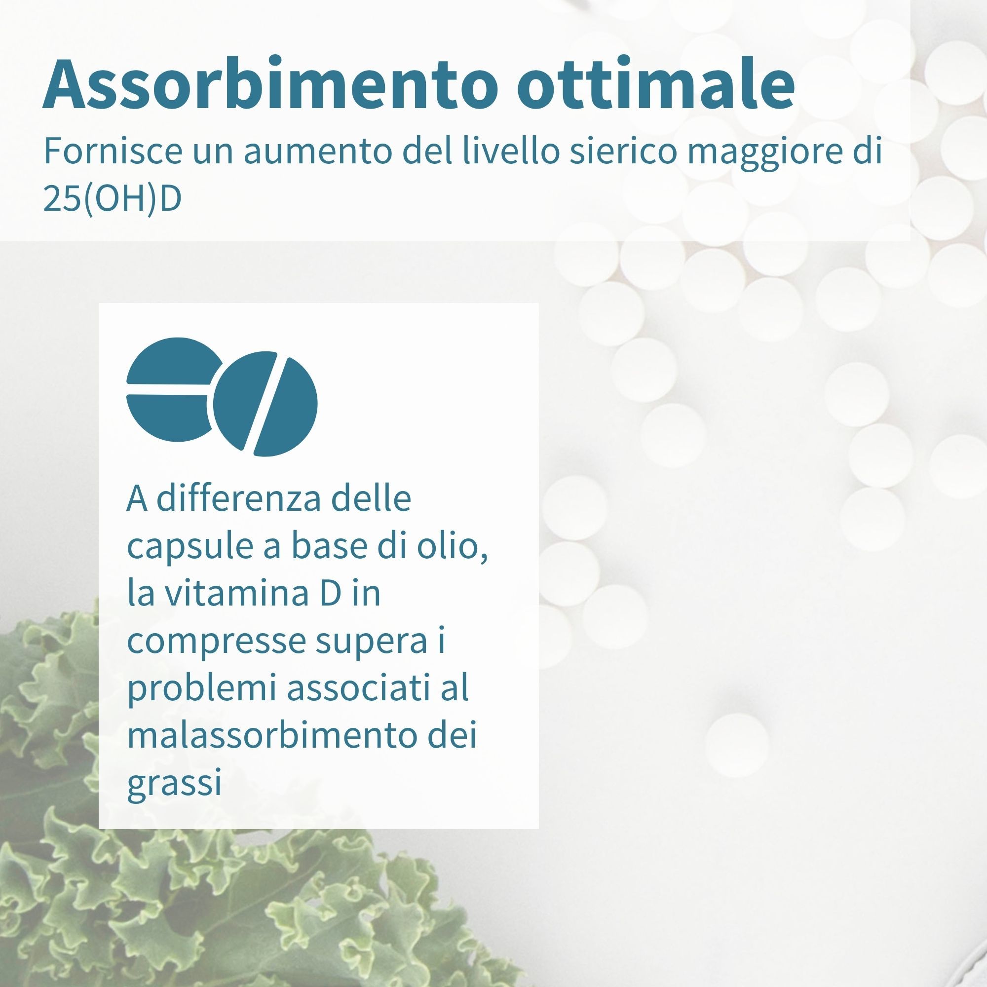 Compresse bianche su sfondo bianco. Testo: Assorbimento ottimale. Box con simbolo di compressa.