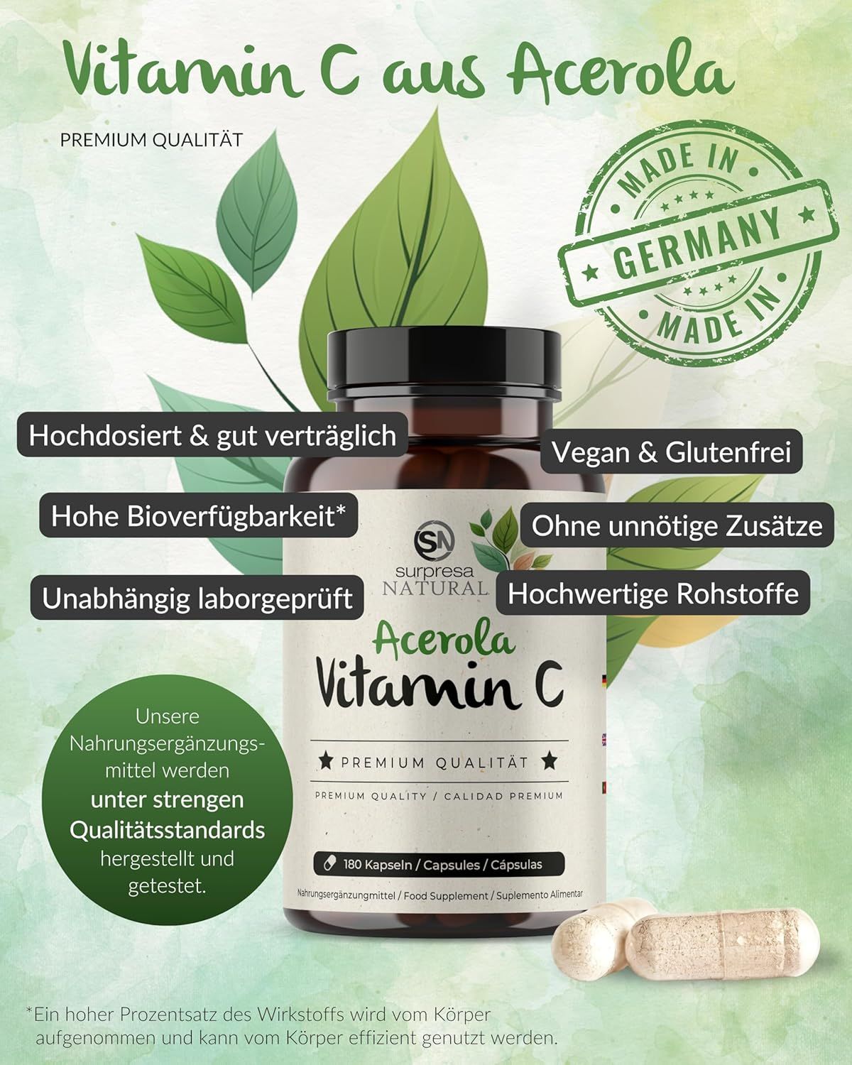 Flacone Acerola Vitamina C. Testo: Vitamina C da acerola. Altamente dosato e ben tollerato. Vegano e senza glutine.