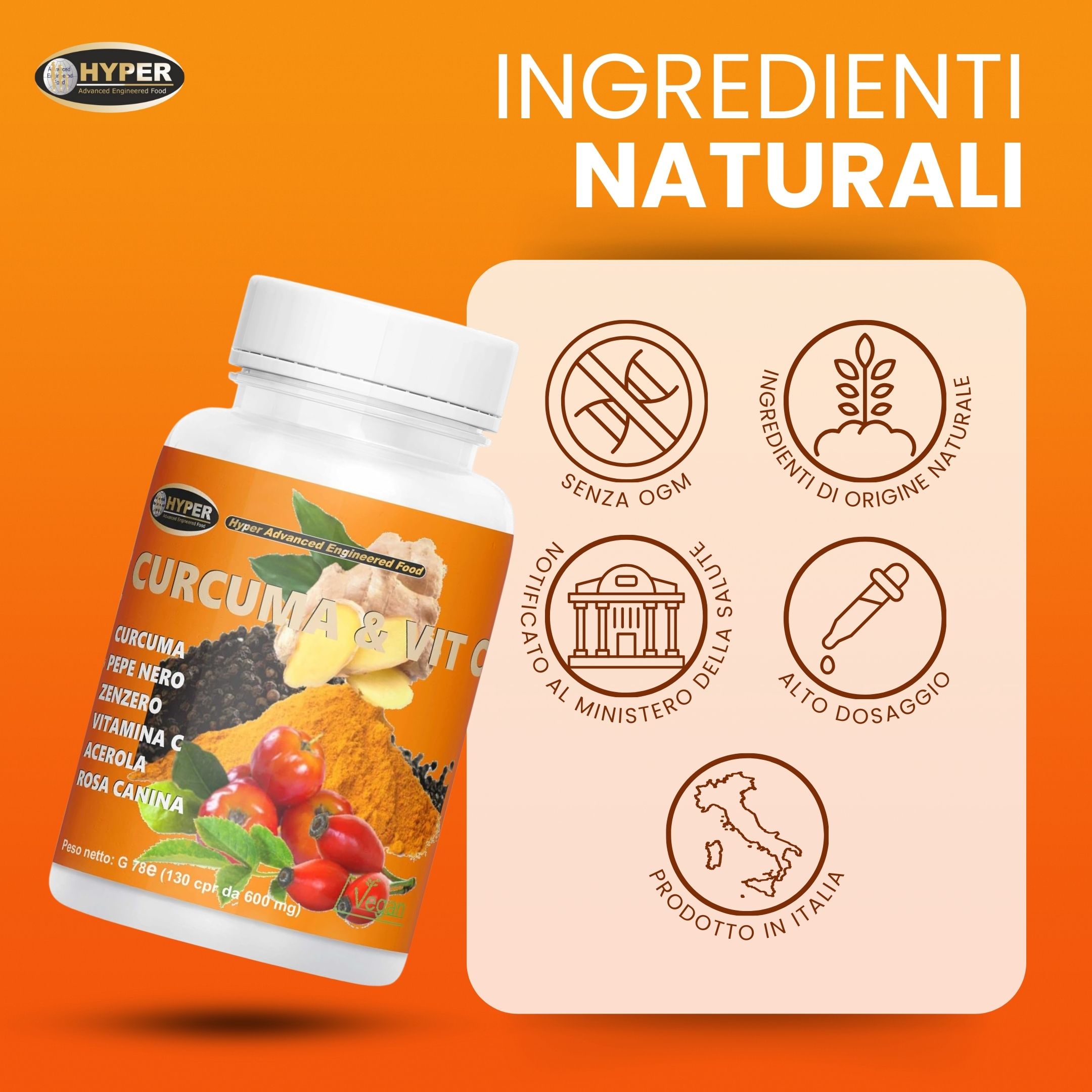 Flacone bianco di compresse con testo. Testo: Curcuma & Vit C. Marchi di qualità e ingredienti.