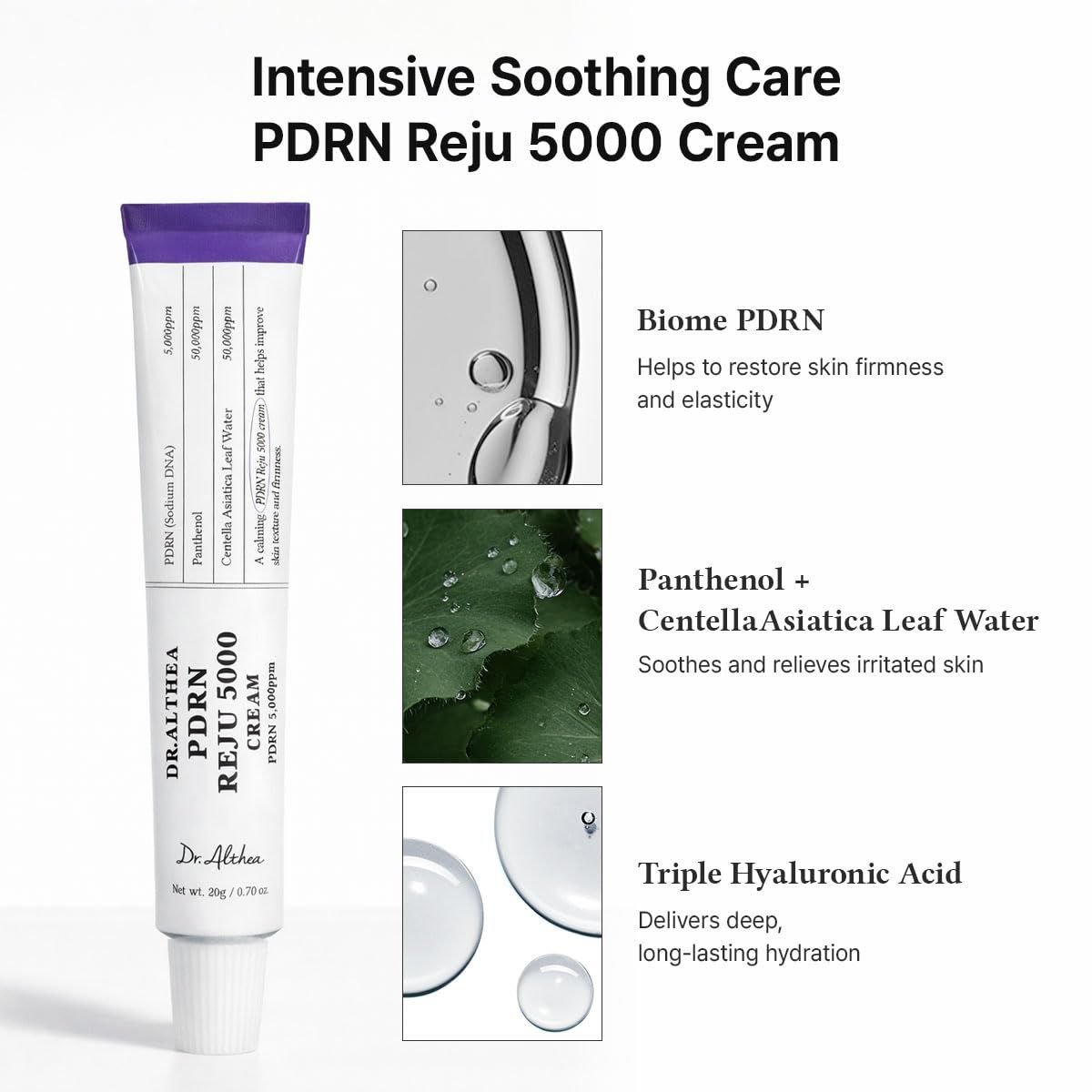 Tubo di crema con tappo viola. Scritta: Dr. Althea PDRN Reju 5000 Creme. Grafici: gocce d'acqua, foglie.