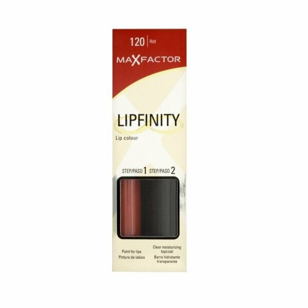 Confezione Max Factor Lipfinity Lip Colour. Contiene due prodotti. Tonalità 120 Hot. Design oro e bianco con nome del prodotto.