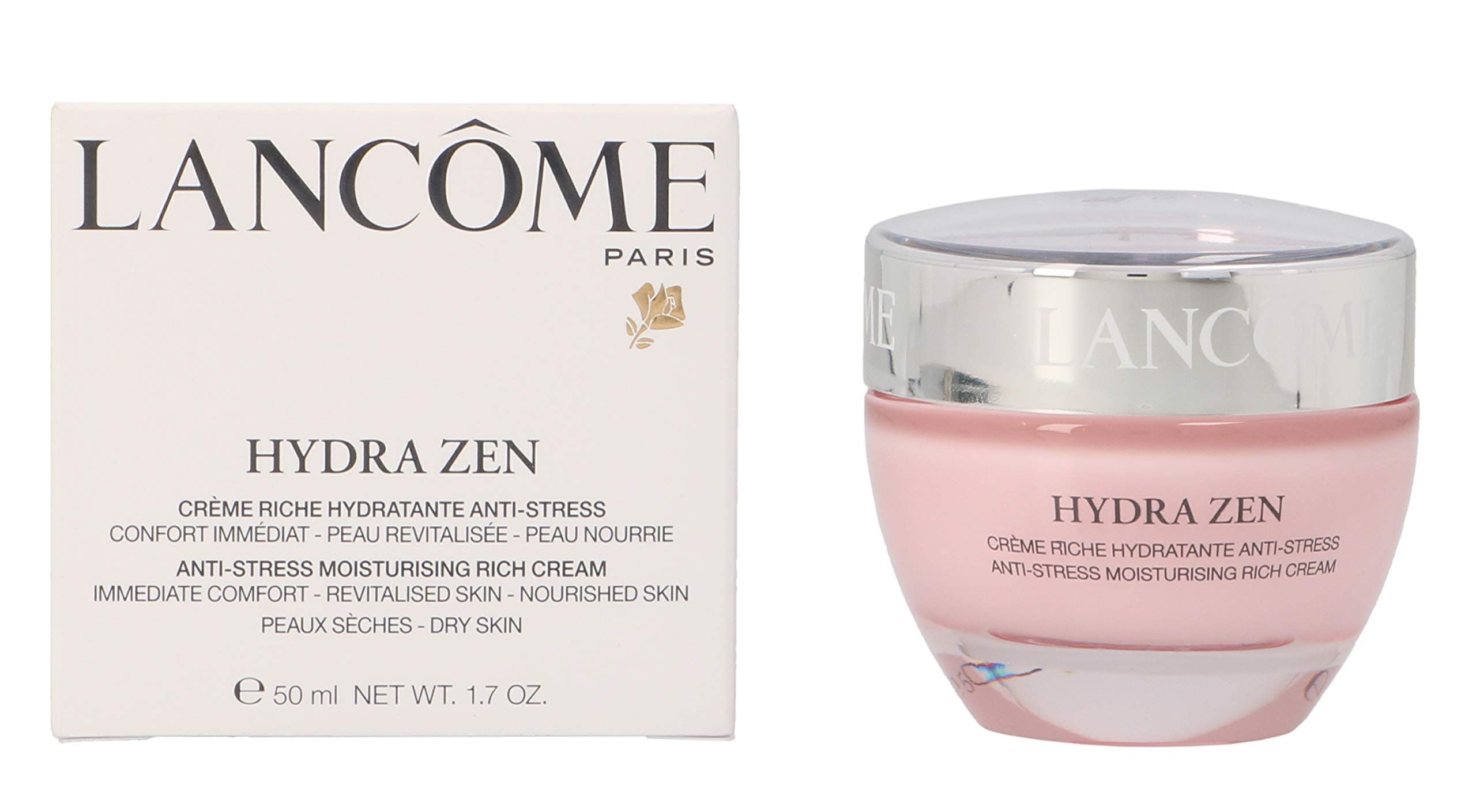 Vaso di crema e scatola. Scritta: LANCÔME, HYDRA ZEN, CRÈME RICHE HYDRATANTE ANTI-STRESS, ANTI-STRESS MOISTURISING RICH CREAM. Scatola: 50 ml, 1.7 OZ.