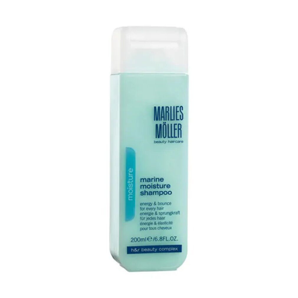 Shampoo Marlies Möller azzurro. Bottiglia rettangolare con tappo bianco. Scritta: Marine Moisture Shampoo.