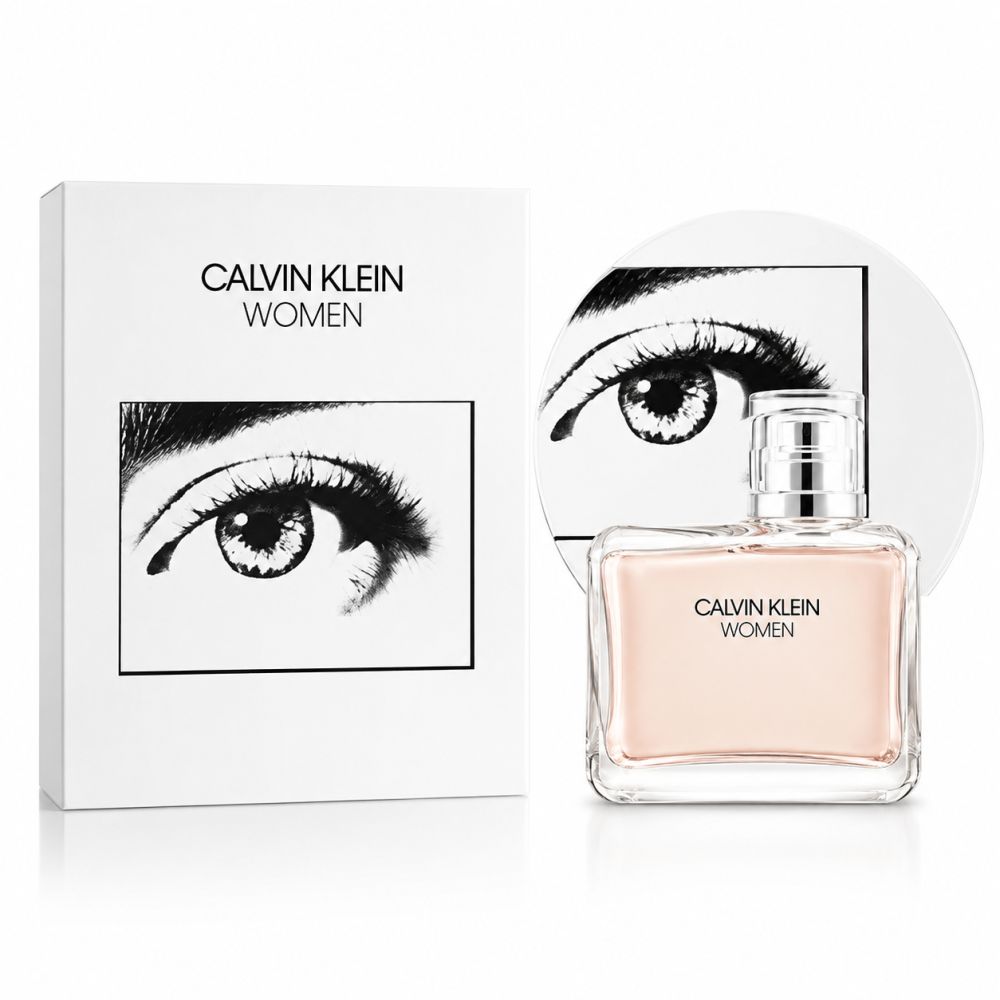 Flacone di Calvin Klein Women Eau de Parfum accanto a una confezione bianca con motivo a occhi.