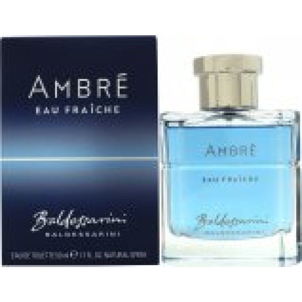 Flacone e scatola di Eau de Toilette. Scritta "AMBRE Eau Fraiche" e "Baldessarini". Confezione blu.