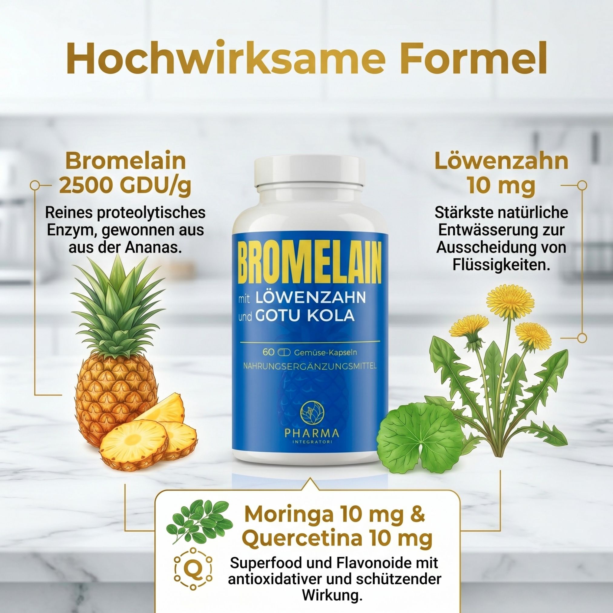 Flacone di Bromelina con Tarassaco e Gotu Kola, con ananas, tarassaco e moringa.
